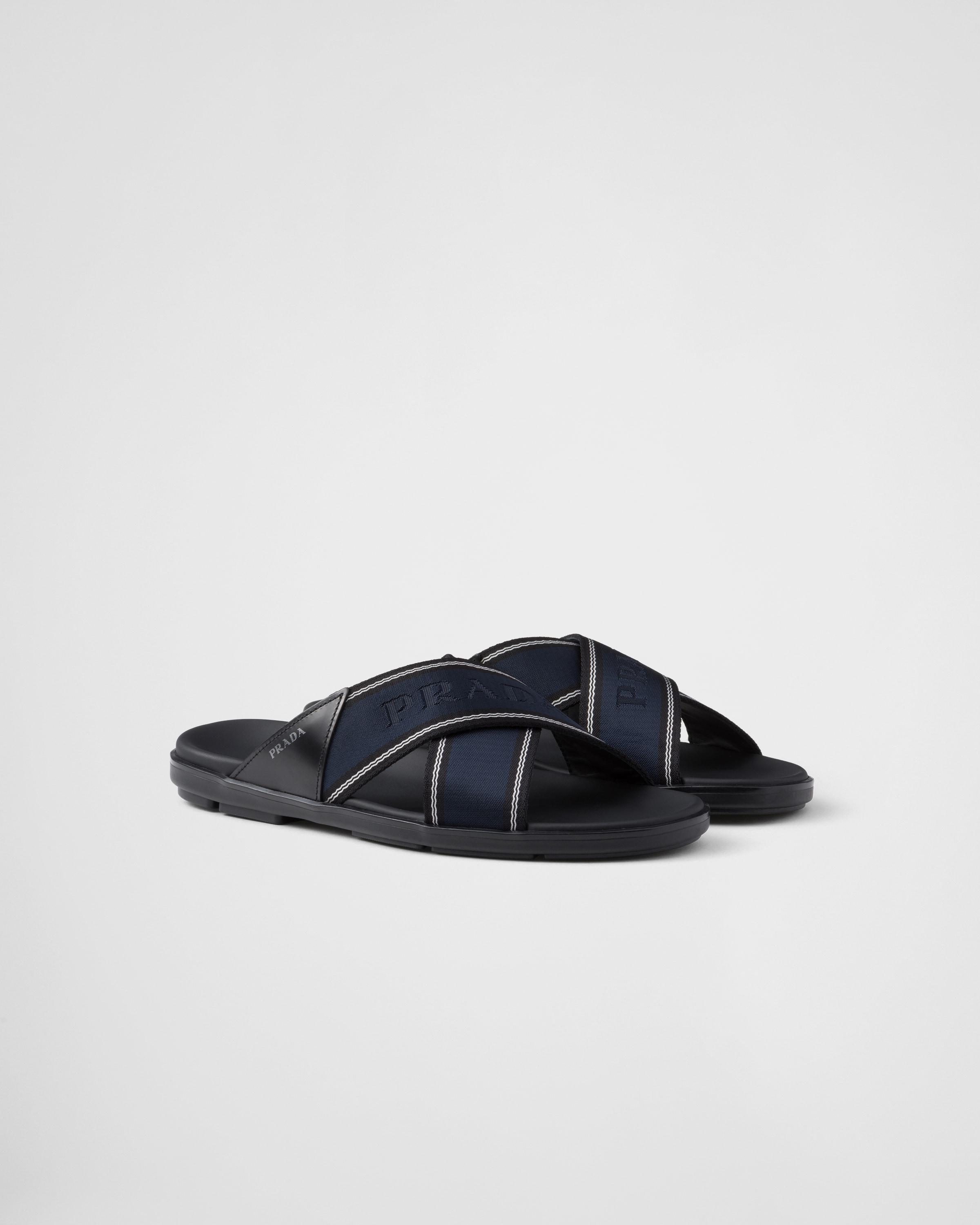 Brushed leather and Re-Nylon tape crisscross slides Product Image