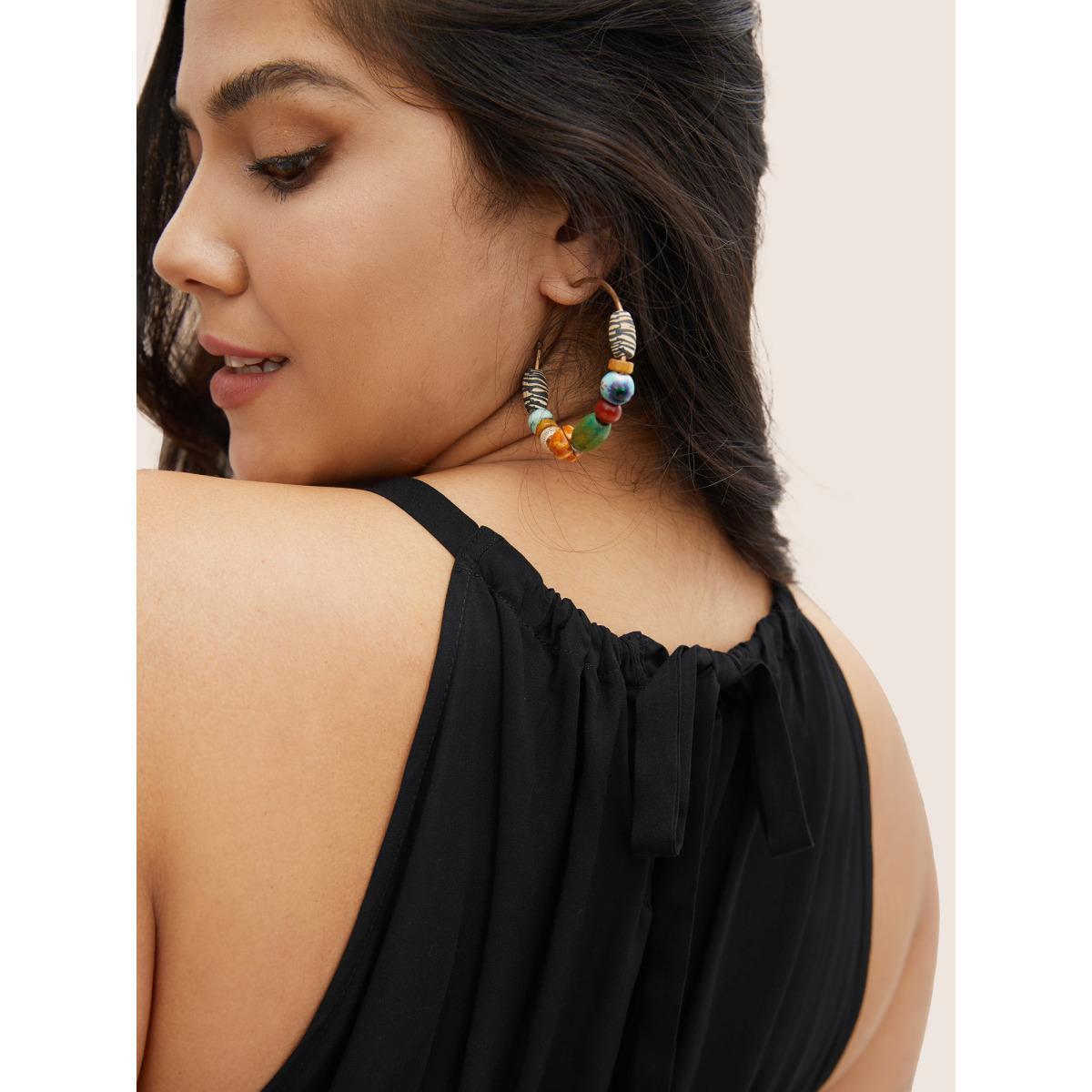 Plus Size Solid Keyhole Halter Neck Belted Dress Black Women Resort Gathered Halter neck Sleeveless Curvy Midi Dress BloomChic 10/M Product Image