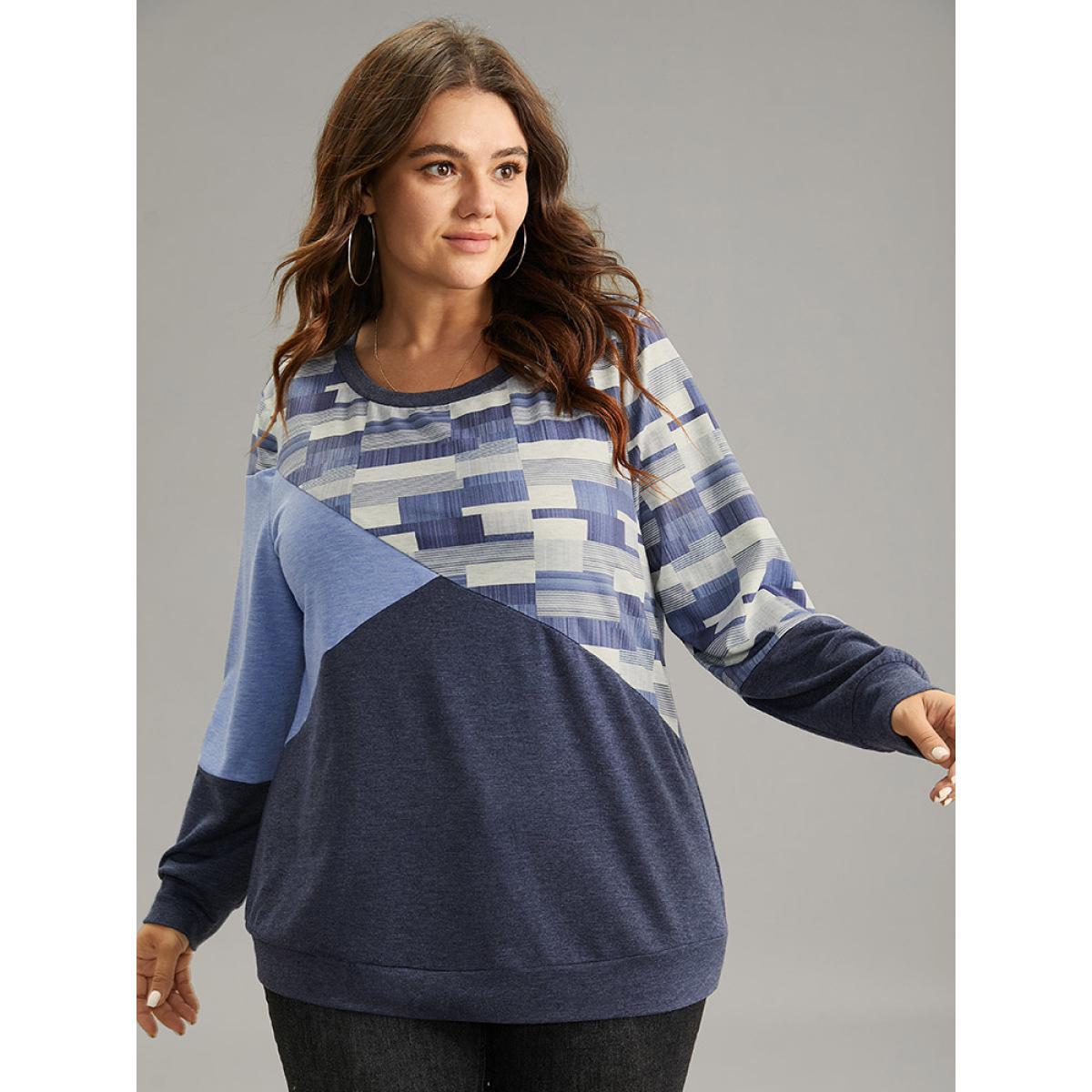 Plus Size Geometric Colorblock Contrast Crew Neck Sweatshirt Women Indigo Casual Contrast Round Neck Dailywear Sweatshirts BloomChic 10/M Product Image