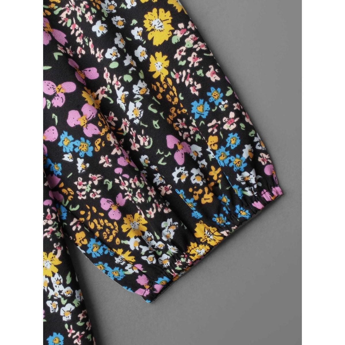Plus Size Floral Ruffles Mock Neck Elastic Waist Midi Dress BlackFlower Women Elegant Frill Trim Mock Neck Long Sleeve Curvy BloomChic 22-24/3X Product Image