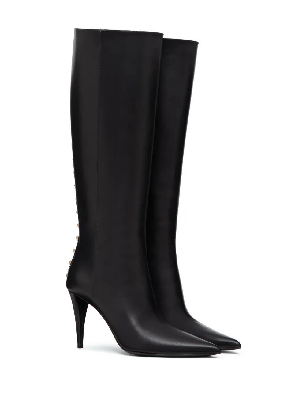 VALENTINO GARAVANI Rockstud Leather Knee-high Boots In Black Product Image