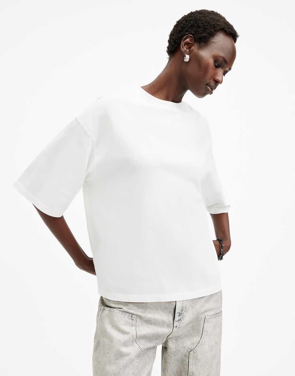 AllSaints Amelie Underground relaxed T-shirt with sequin back logo in white Product Image