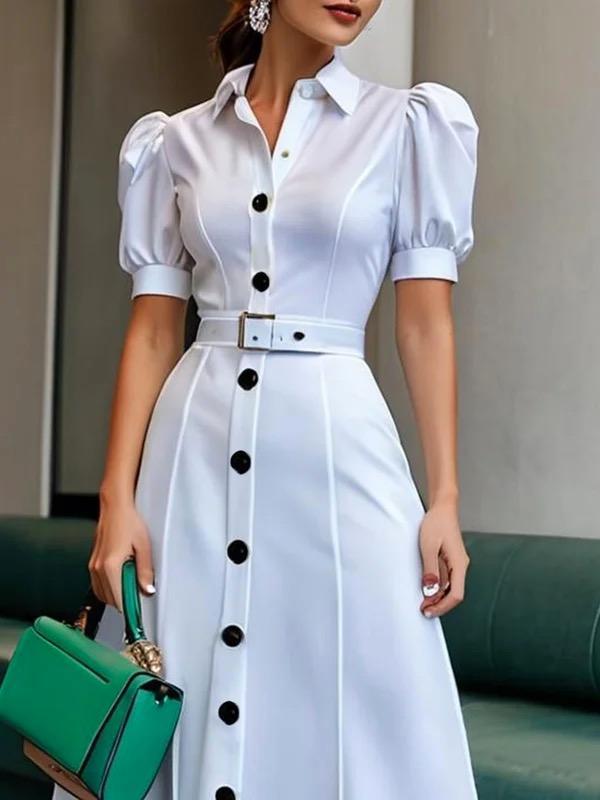 Puff Sleeves Short Sleeves Belted Buttoned Solid Color Lapel Maxi Dresses Shirt Dress Product Image