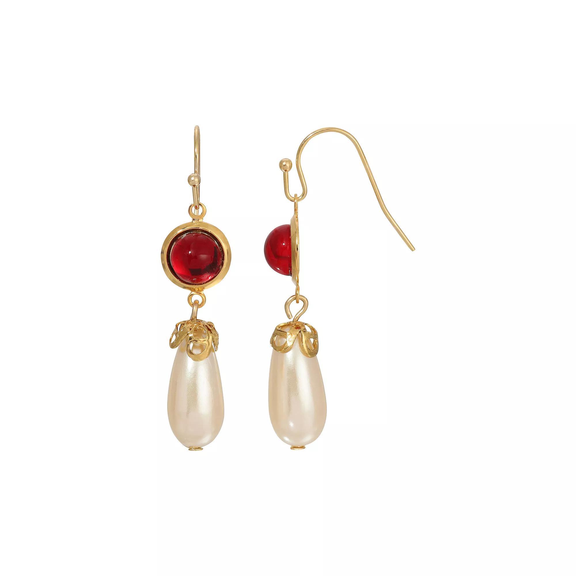 1928 Gold Tone Color Drop Faux Pearl Earrings, Womens, Red Product Image