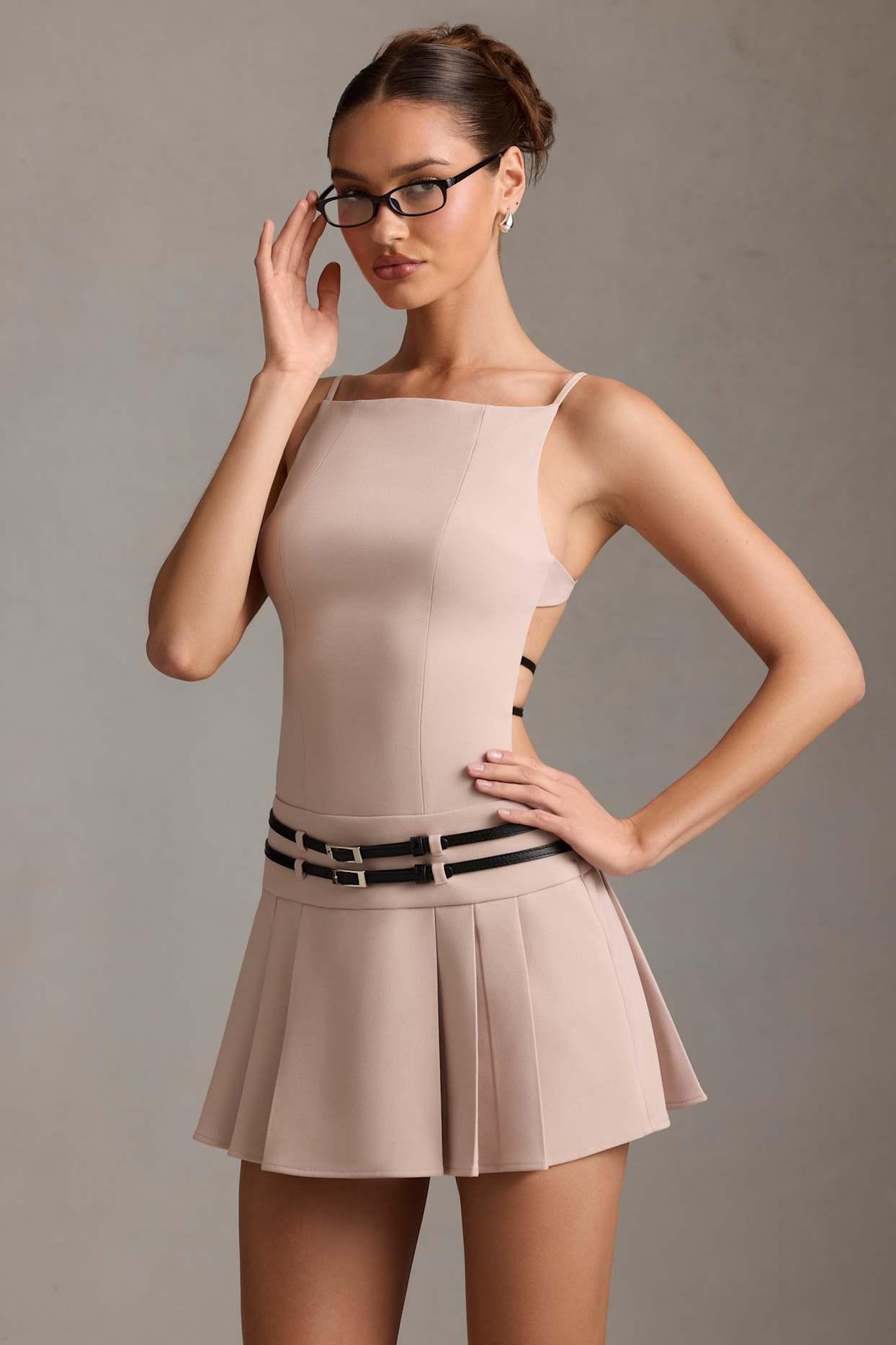 Belted Backless Pleated Mini Dress in Mushroom Product Image