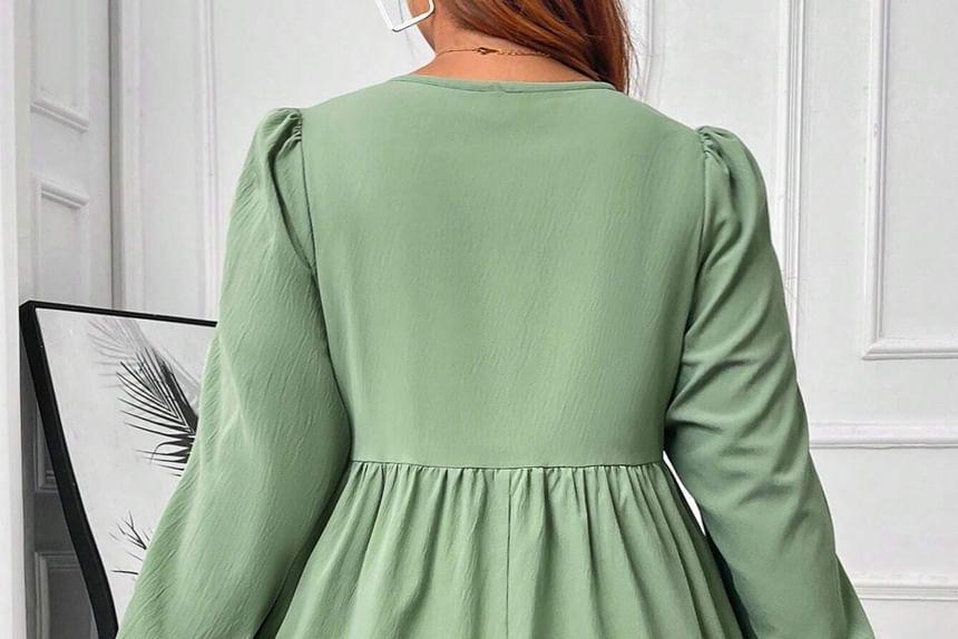 Plus Size Long-Sleeve Round Neck Plain Bow Cutout A-Line Dress Product Image