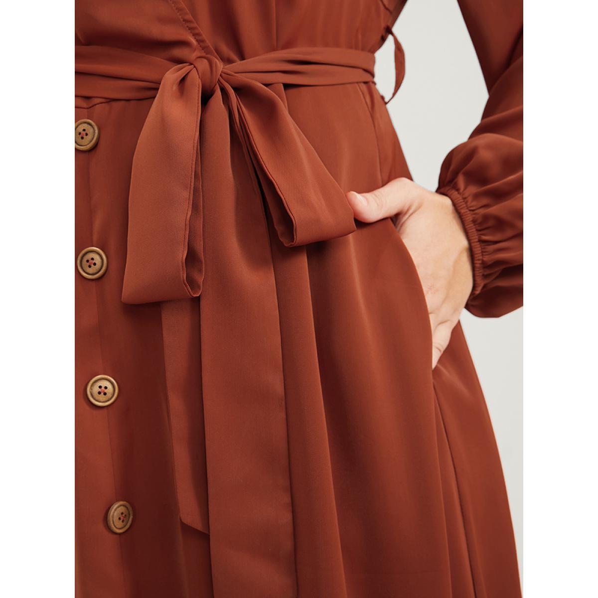 Plus Size Plain Lantern Sleeve Pocket Button Belted Split Front Wrap Dress Chocolate Women Office Button V-neck Long Sleeve Curvy Midi Dress BloomChic 30/6X Product Image