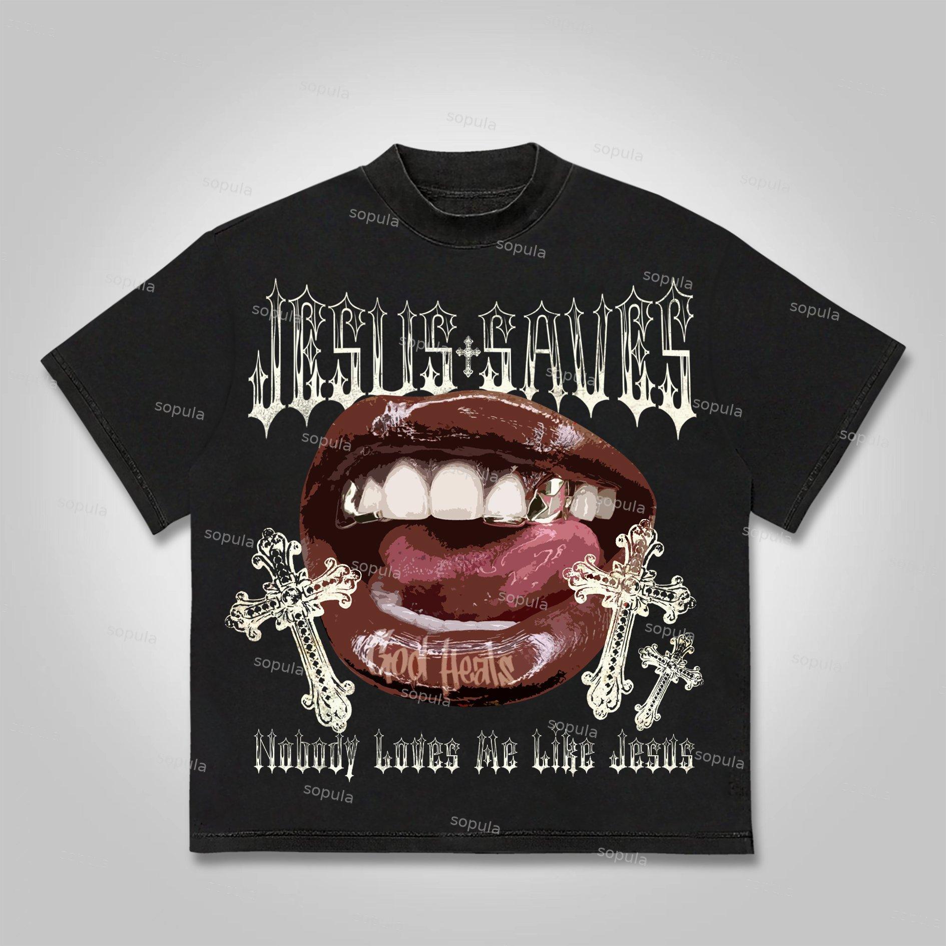 Sopula Jesus Saves Lips Cross Graphic Cotton T-shirt Product Image