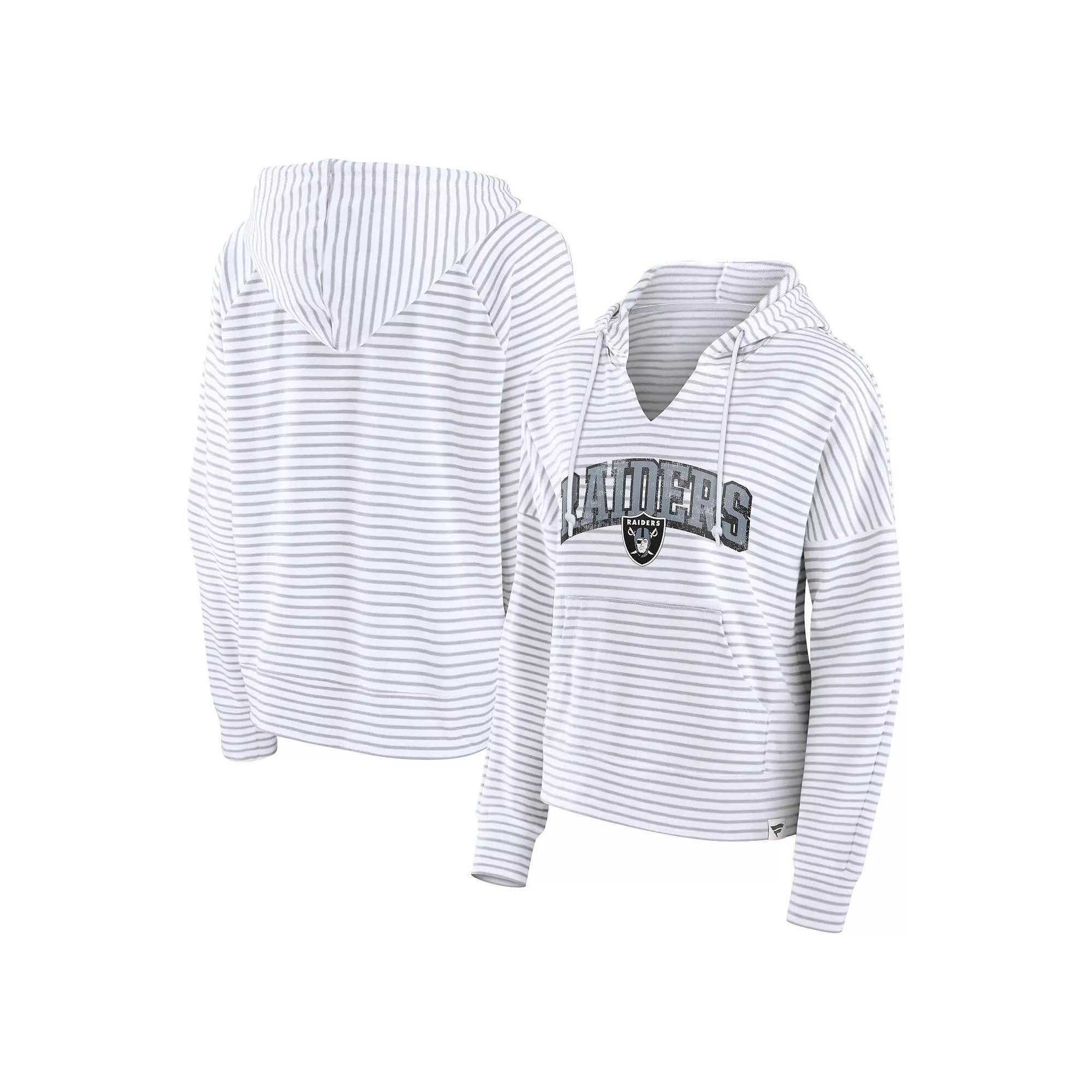 Womens Fanatics White/Gray Las Vegas Raiders Striped Notch Neck Pullover Hoodie Product Image