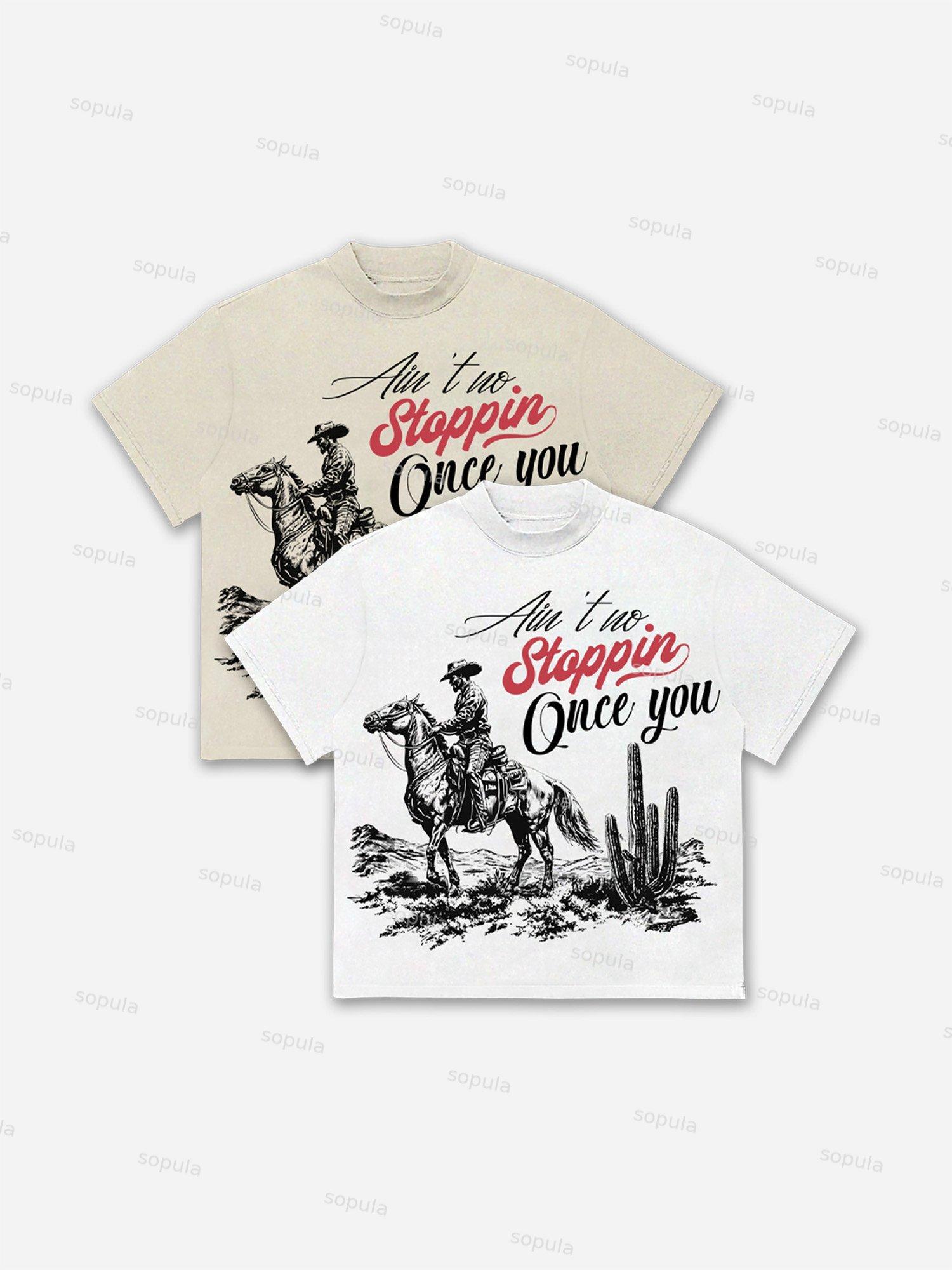 Western Cowboy Graphic Cotton T-shirt Product Image