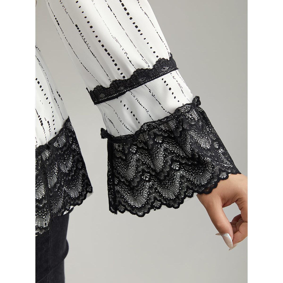 Plus Size White Dot Striped Contrast Lace Elastic Waist Blouse Women Elegant Long Sleeve Round Neck Dailywear Blouses BloomChic 12/L Product Image