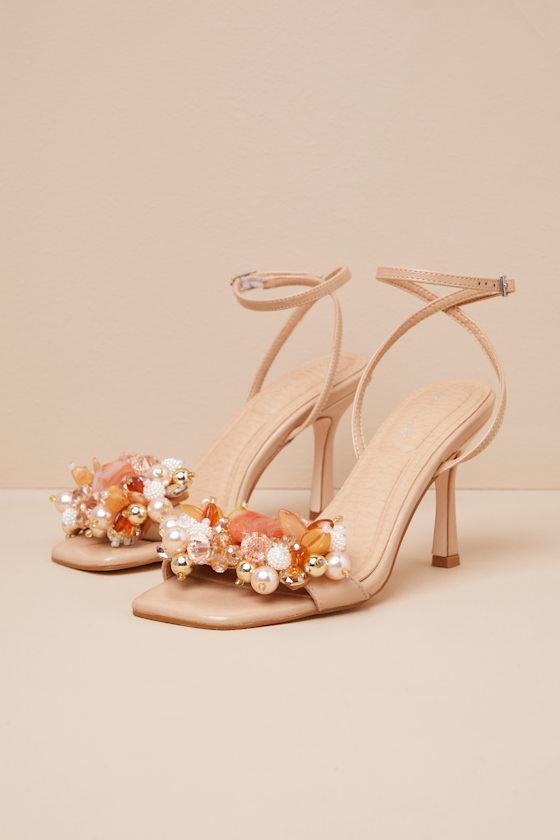 Candela Light Nude Beaded High Heel Ankle Strap Sandals Product Image
