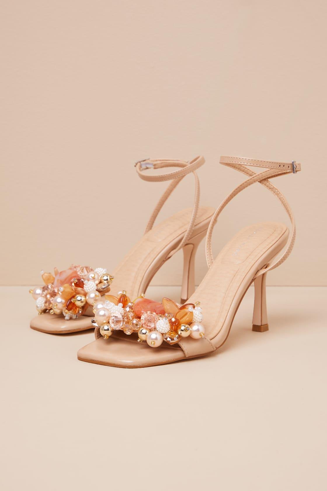 Candela Light Nude Beaded High Heel Ankle Strap Sandals Product Image