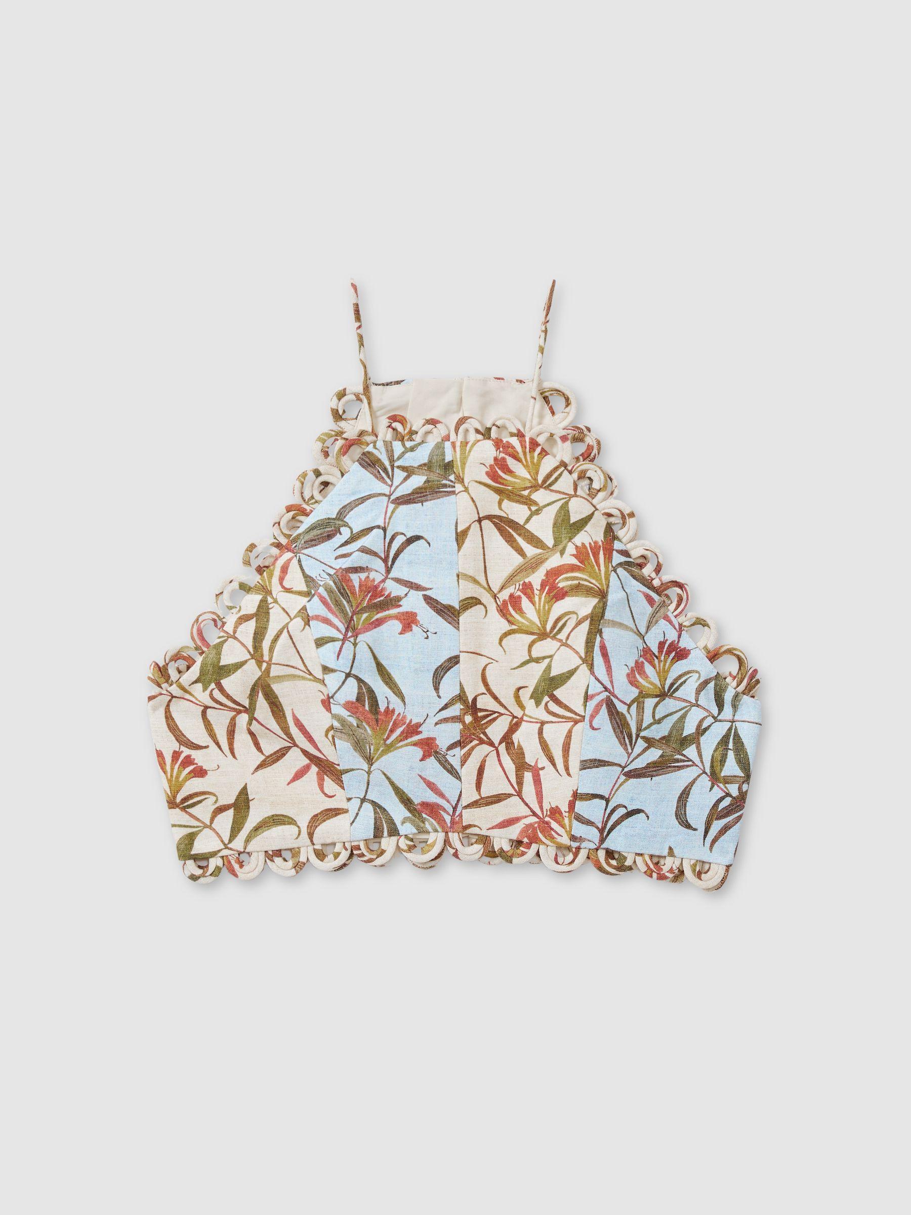 Significant Other Linen-Blend Floral-Print Cropped Top in Blue Multi Product Image
