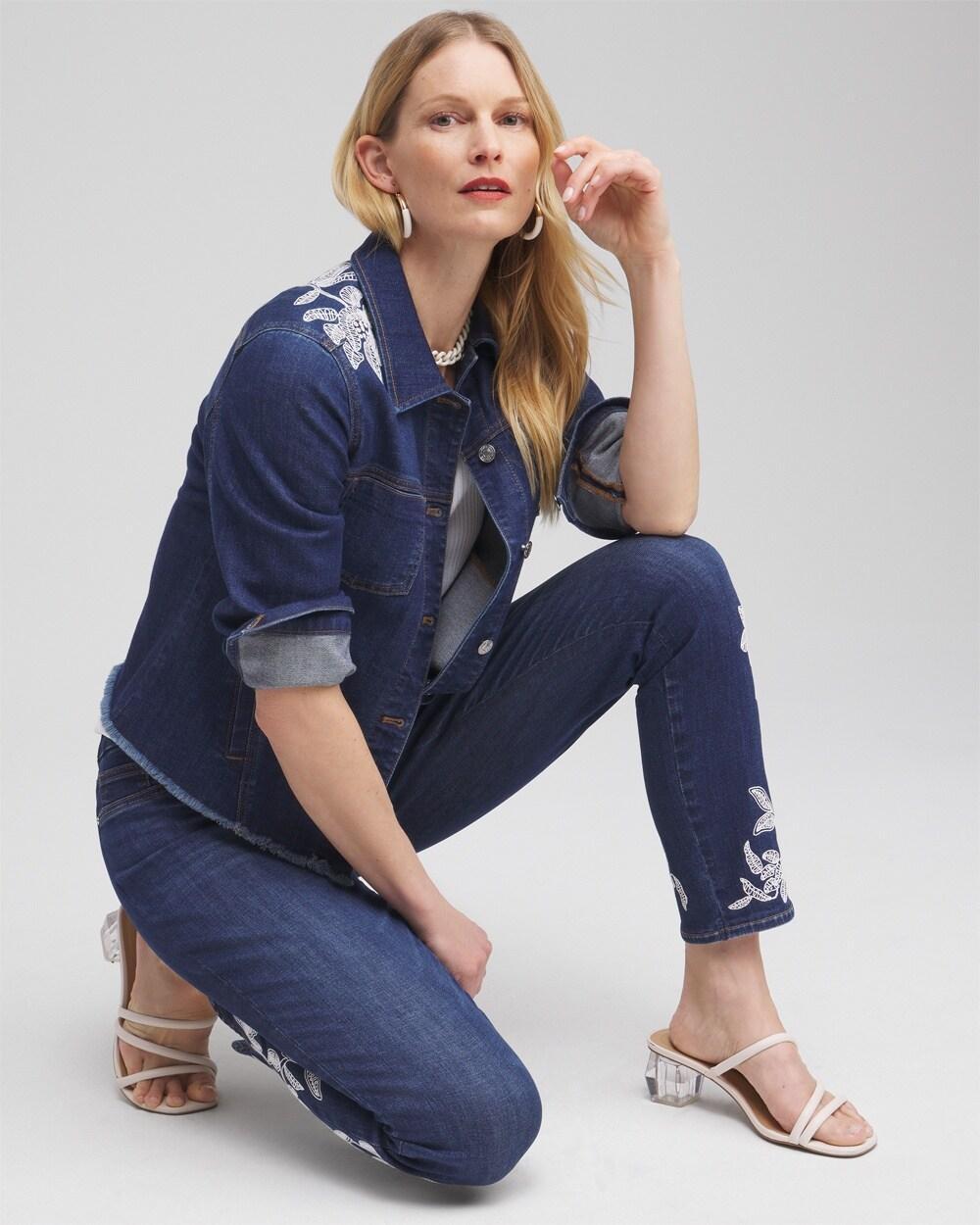 Fray Hem Embroidered Denim Jacket Product Image