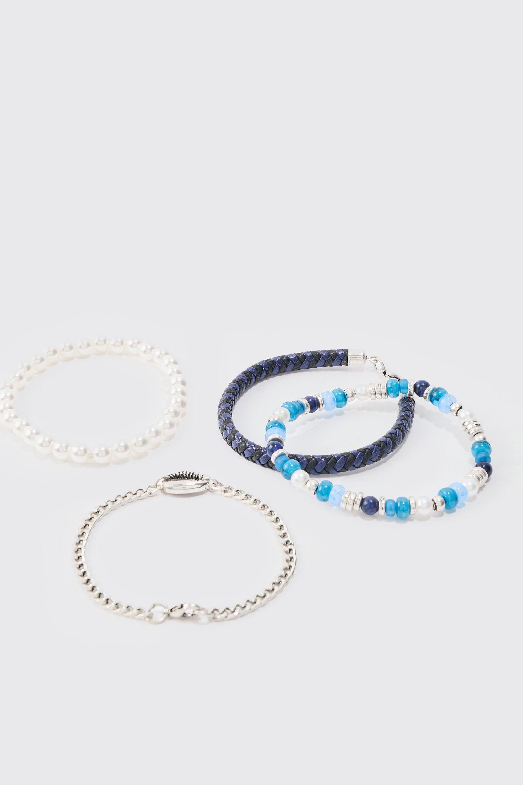 4 Pack Beaded Shell Bracelets In Blue | boohooMAN USA Product Image