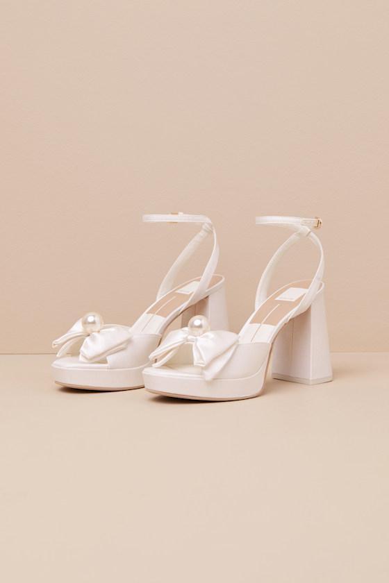 Patton Ivory Satin Pearl Bow High Heel Ankle Strap Sandals Product Image