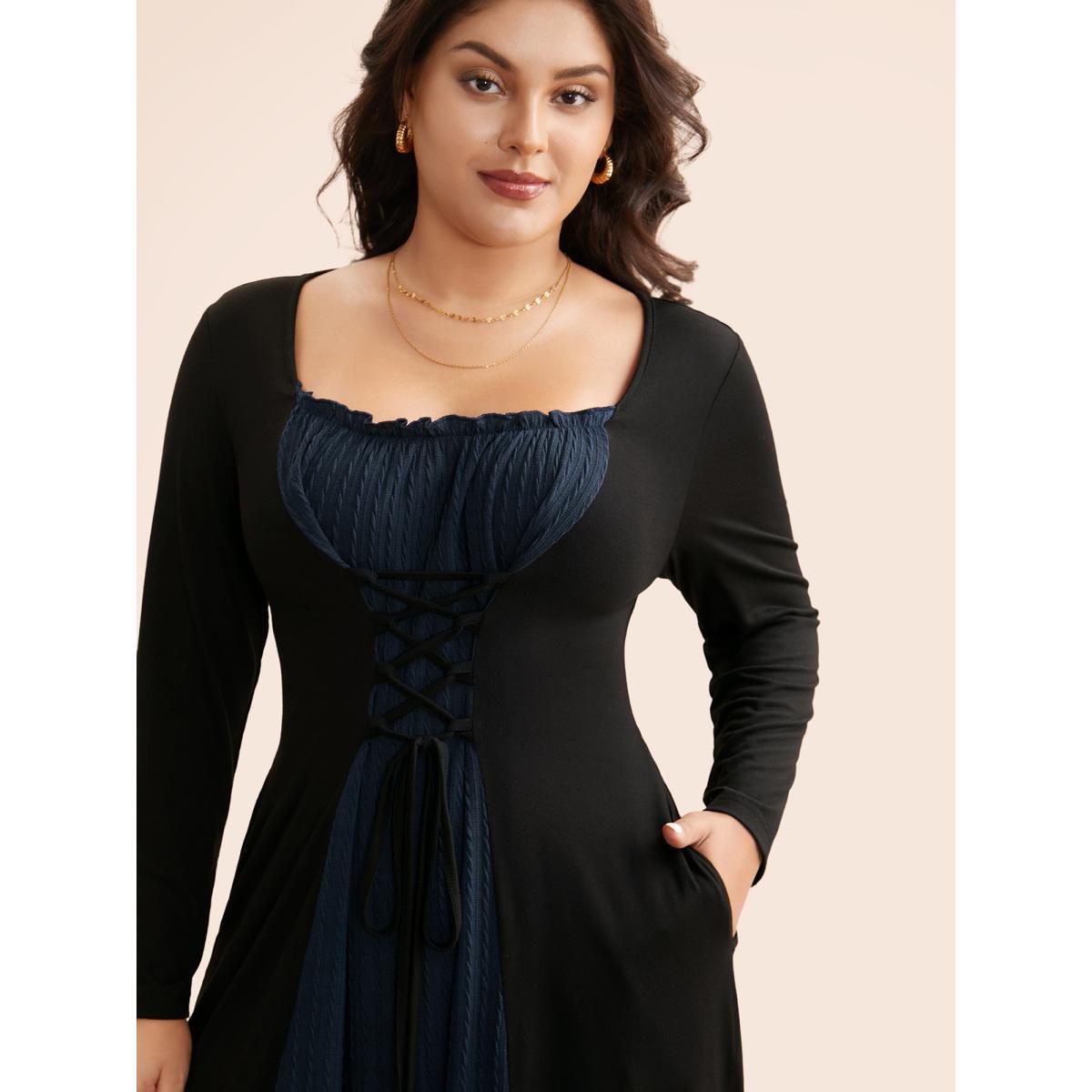Plus Size Square Neck Textured Patchwork Crisscross Dress Indigo Women Elegant Wraparound straps Square Neck Long Sleeve Curvy BloomChic 10/M Product Image