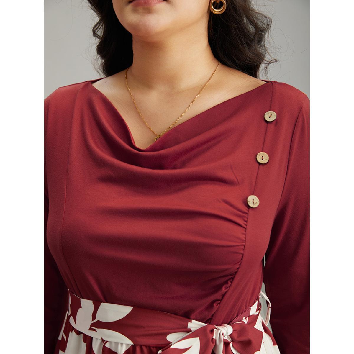 Plus Size Silhouette Floral Print Cowl Neck Belted Split Hem Dress Scarlet Women Office Gathered Cowl Neck Long Sleeve Curvy Midi Dress BloomChic 14-16/1X Product Image