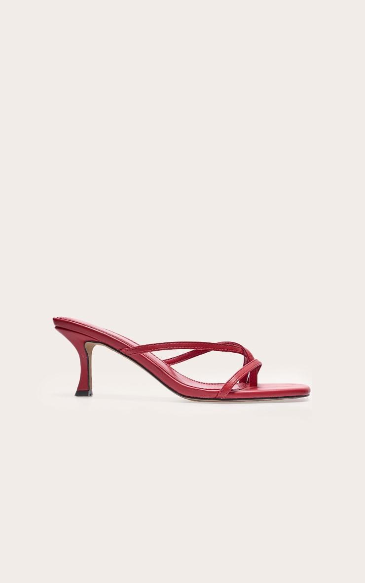 Red Pu Square Toe Strappy Toe Thong Mid Stiletto Heeled Mules Product Image