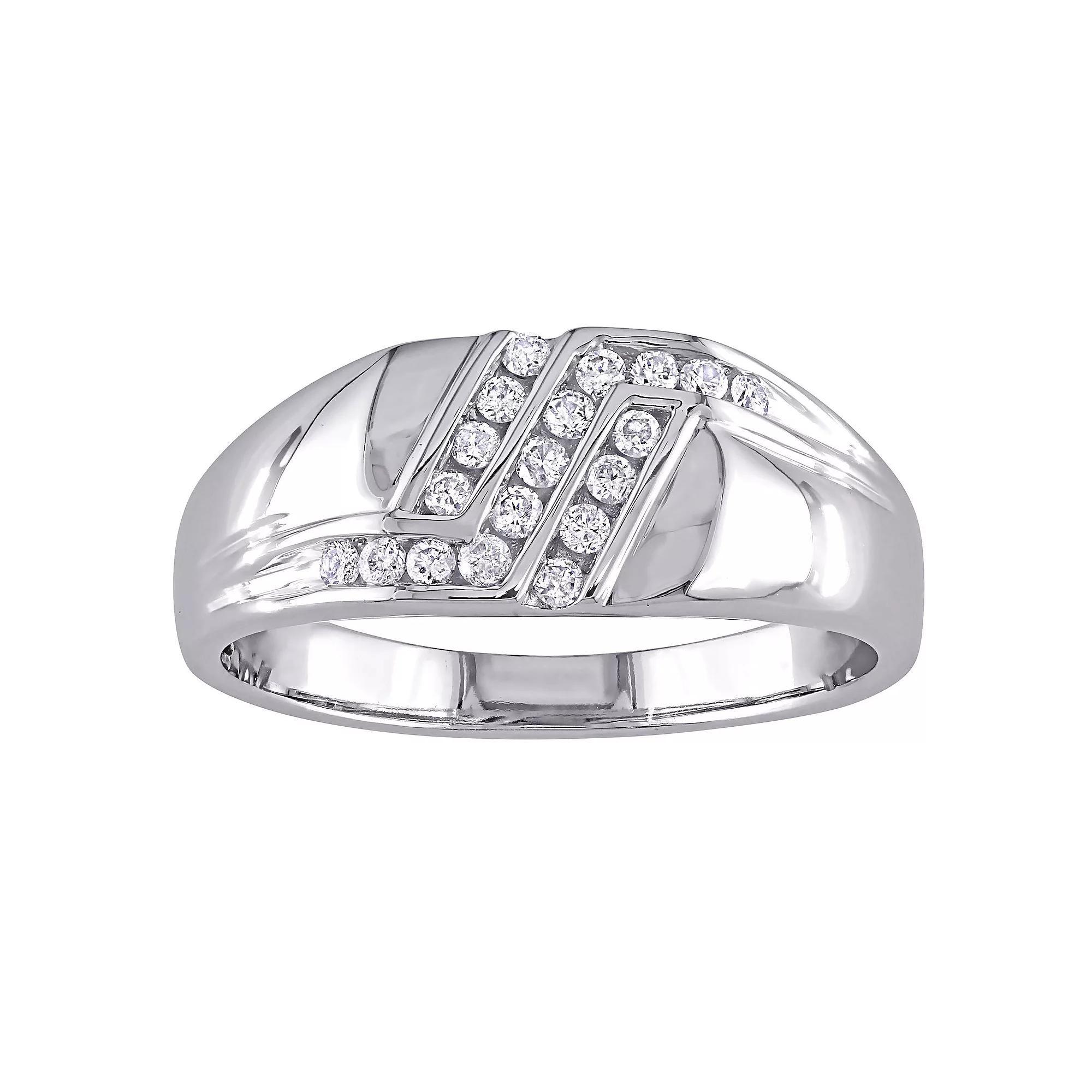 Stella Grace Men's 10k White Gold 1/4 Carat T.W. Diamond 3-Row Wedding Band, Size: 13 Product Image