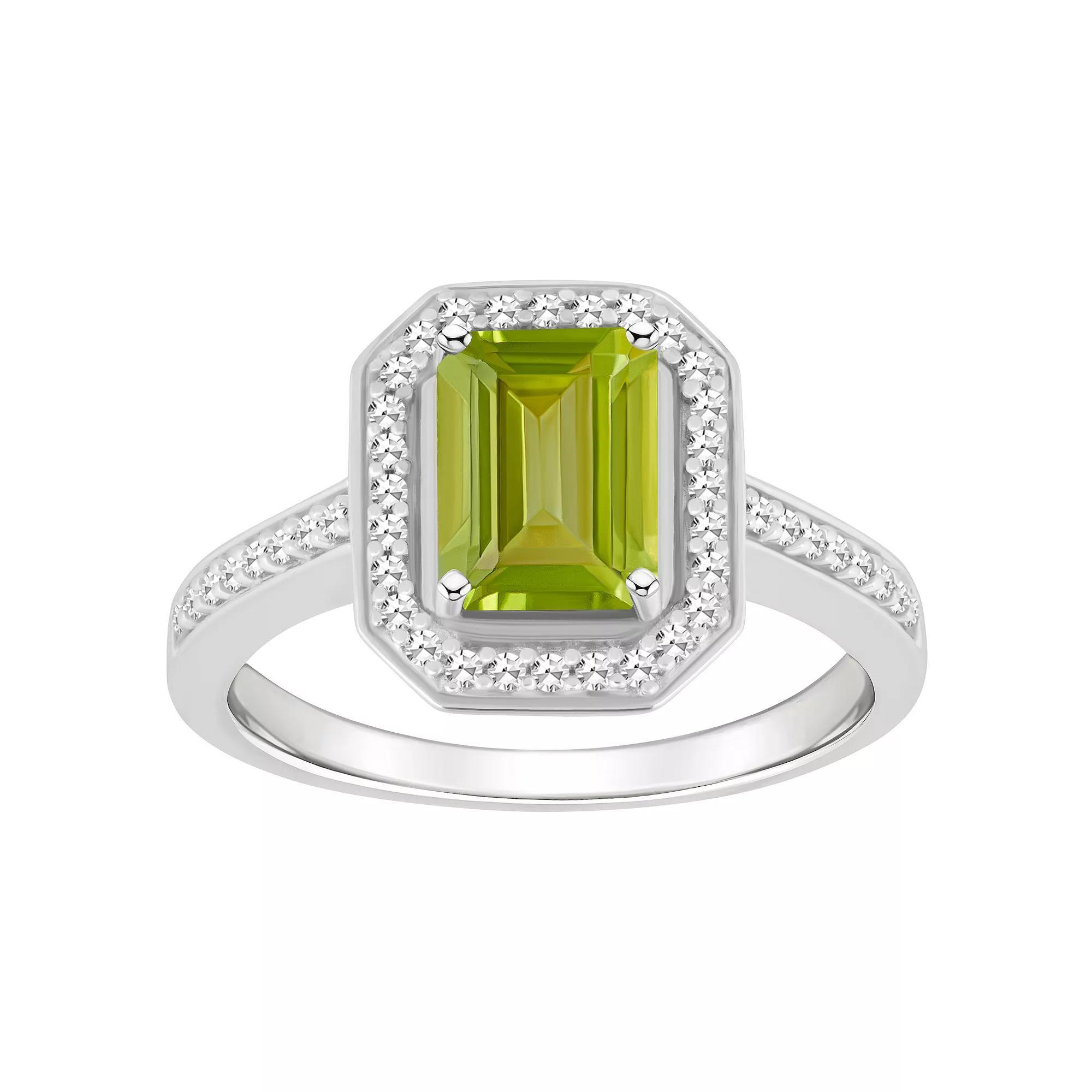 Celebration Gems Sterling Silver 8 mm x 6 mm Emerald Cut Gemstone & 1/5 Carat T.W. Diamond Halo Ring, Womens Peridot Product Image