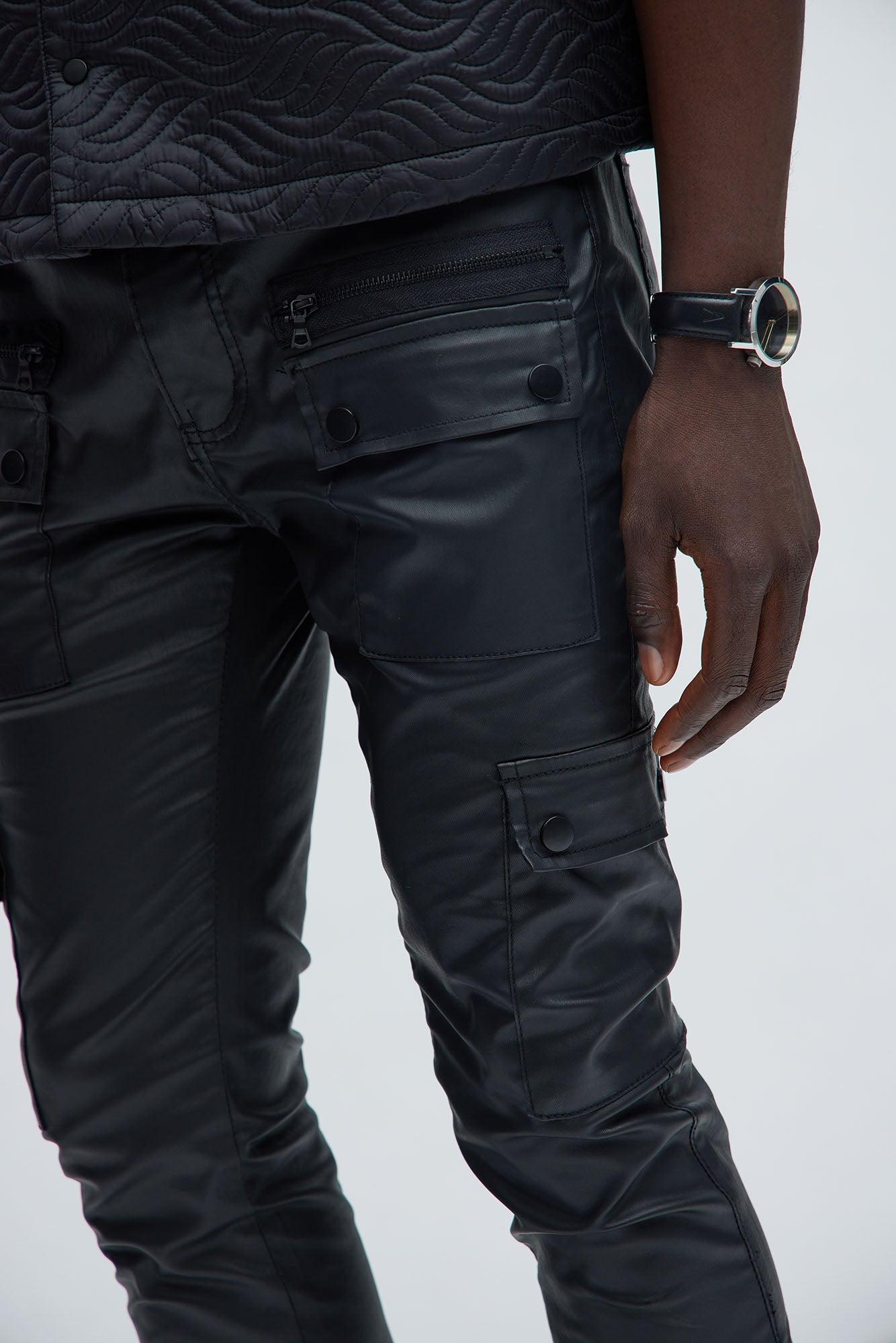 On The Verge Waxed Zipper Skinny Flare Cargo Pants - Black Product Image