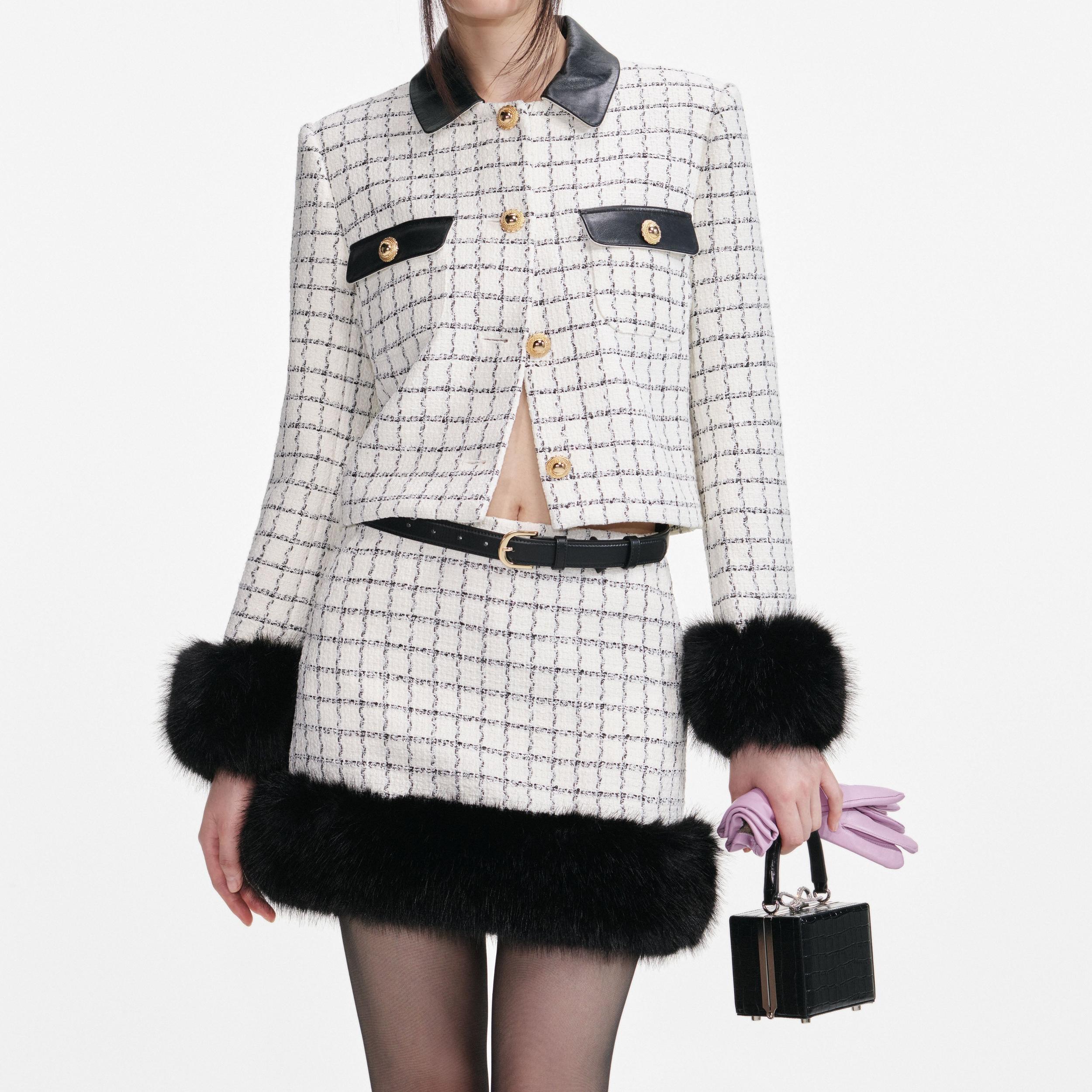Check Boucle Fur Hem Mini Skirt Product Image