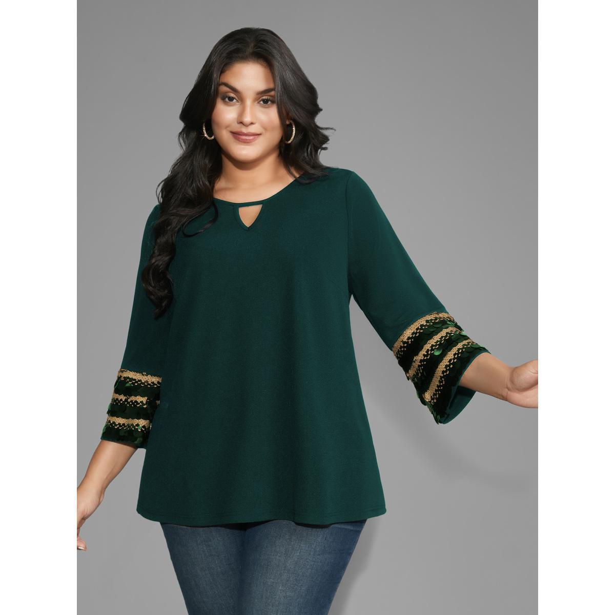 Plus Size DarkGreen Sequin Patchwork Keyhole Bell Sleeve Blouse Women Elegant Three Quater Length Sleeve Round Neck Everyday Blouses BloomChic 14-16/1X Product Image
