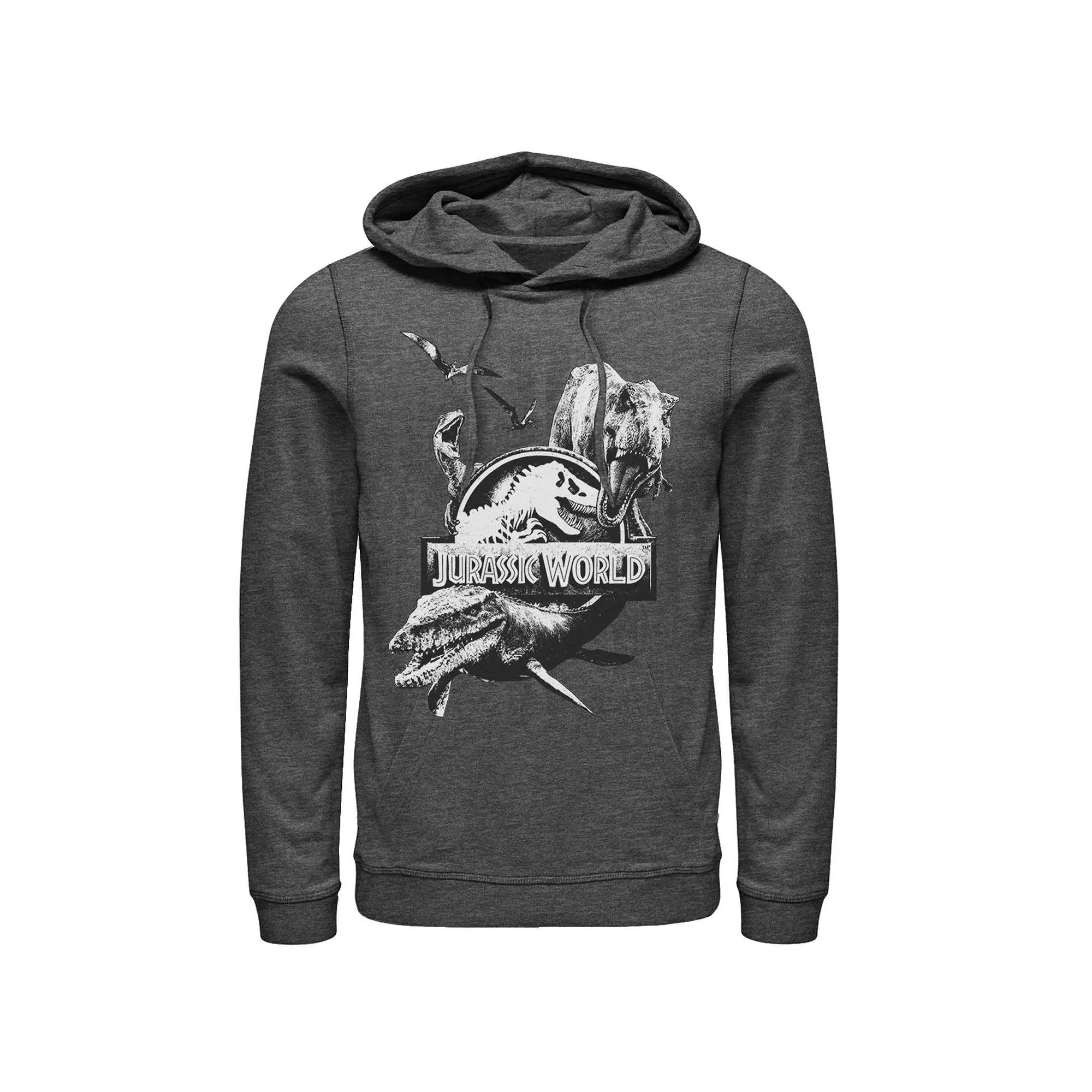 Men's Jurassic World Two Dino Collage Grunge Logo Hoodie, Size: Medium, Grey Heather Product Image