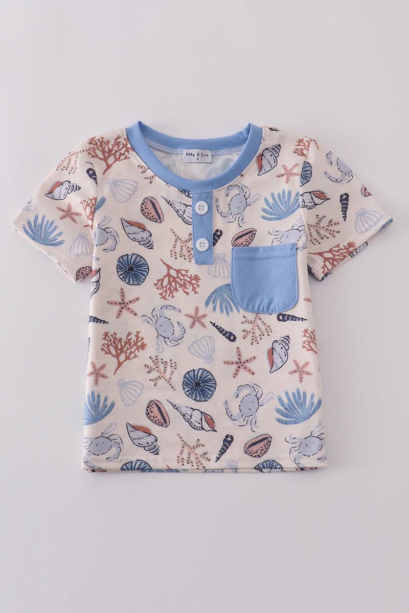 Blue ocean breeze shells print dad&me top Product Image