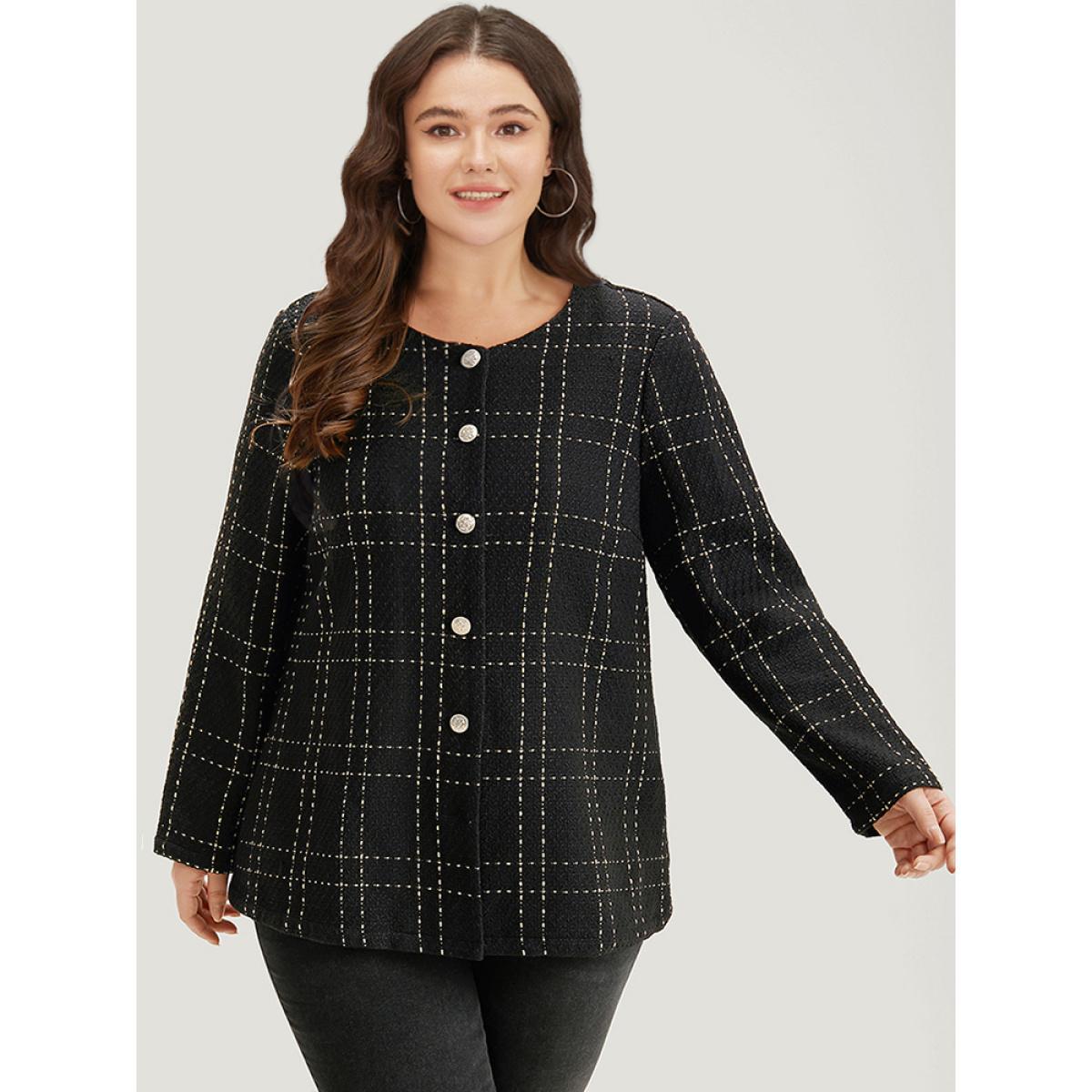 Plus Size Plaid Pattern Button Up Crew Neck Coat Women Black Casual Texture Ladies Dailywear Winter Coats BloomChic 22-24/3X Product Image