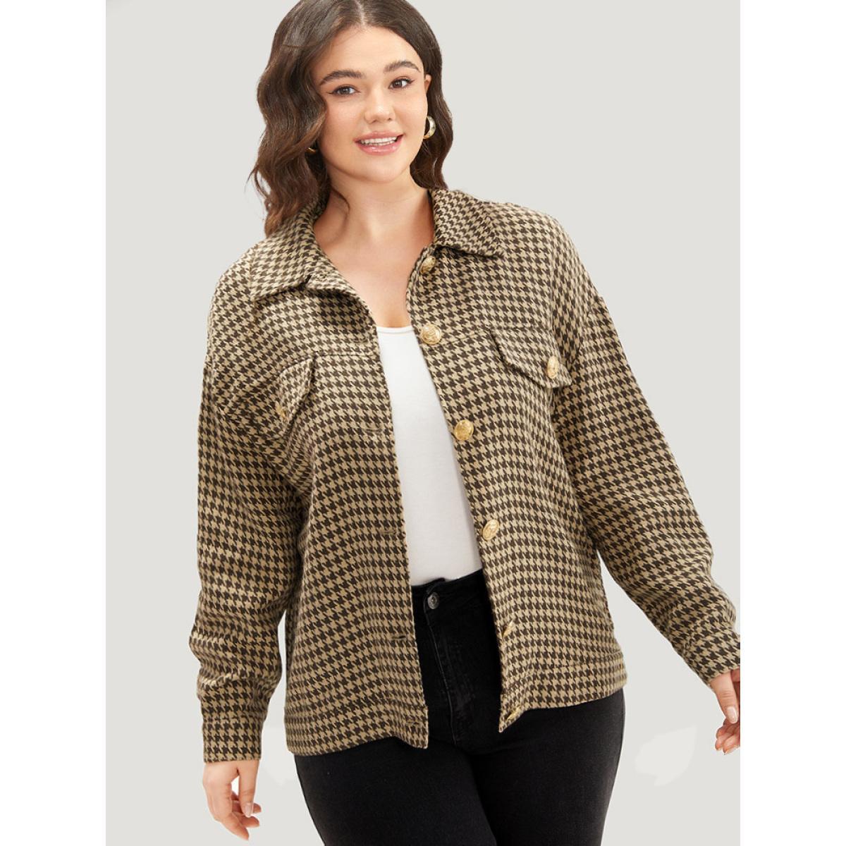 Plus Size Houndstooth Pocket Metal Detail Jacket Women Tan Texture Dailywear Jackets BloomChic 14-16/1X Product Image