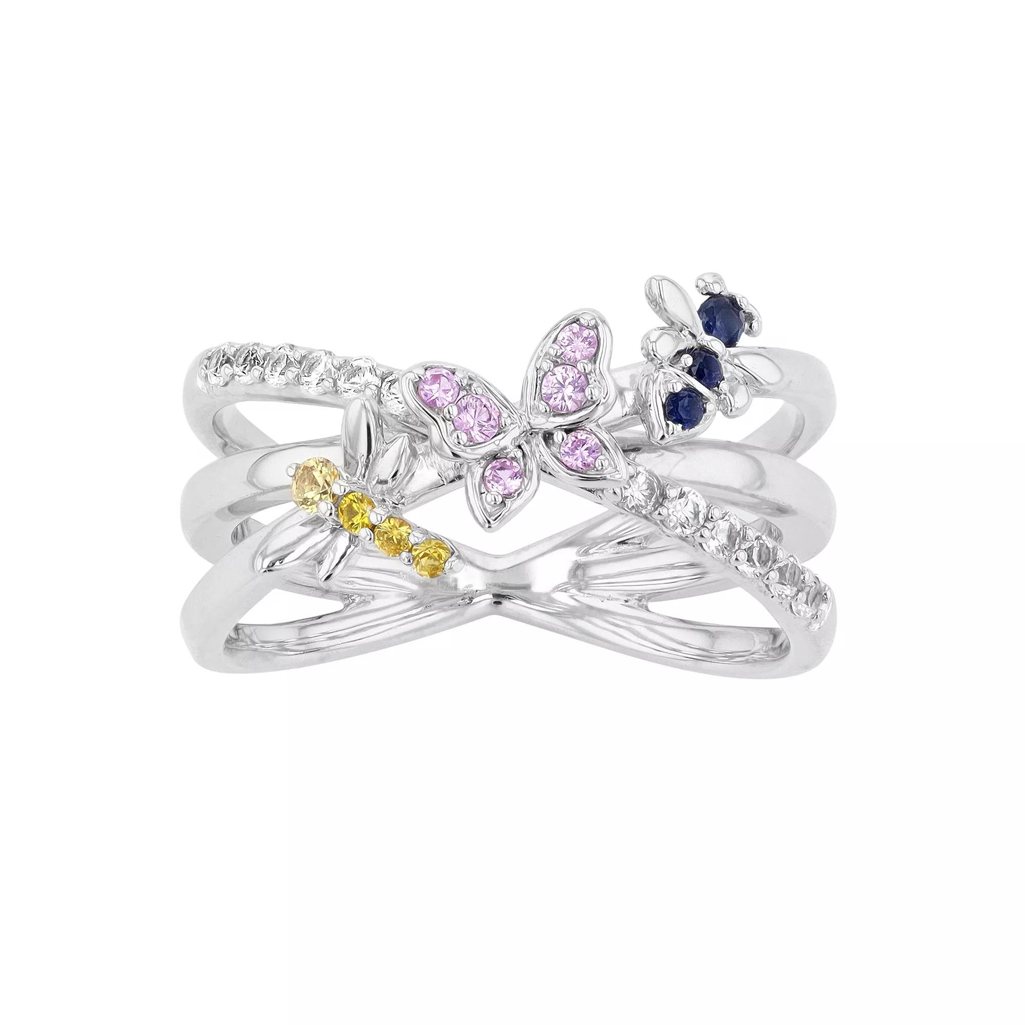 Sterling Silver Multicolored Lab-Created Sapphire Butterfly Ring, Women's, Size: 9 Product Image