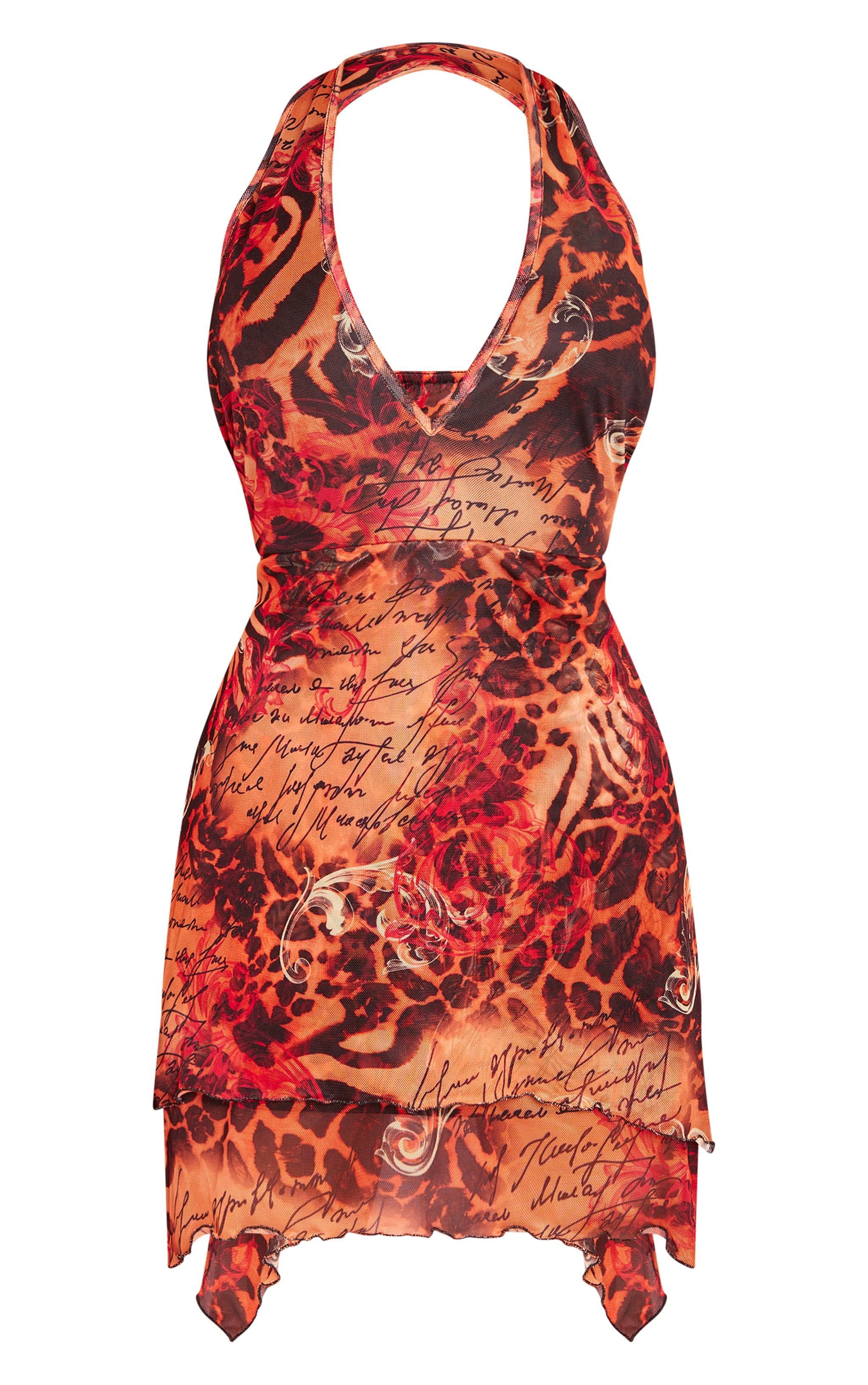 Orange Abstract Print Mesh Halterneck Tiered Shift Dress Product Image