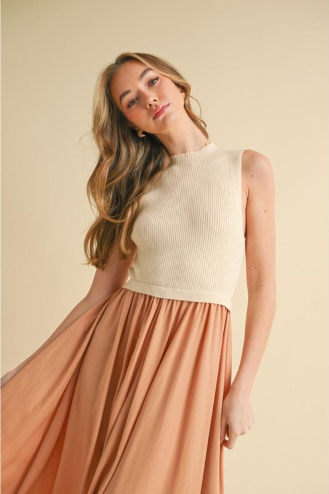 Sleeveless Sweater and Satin Midi Dress Product Image