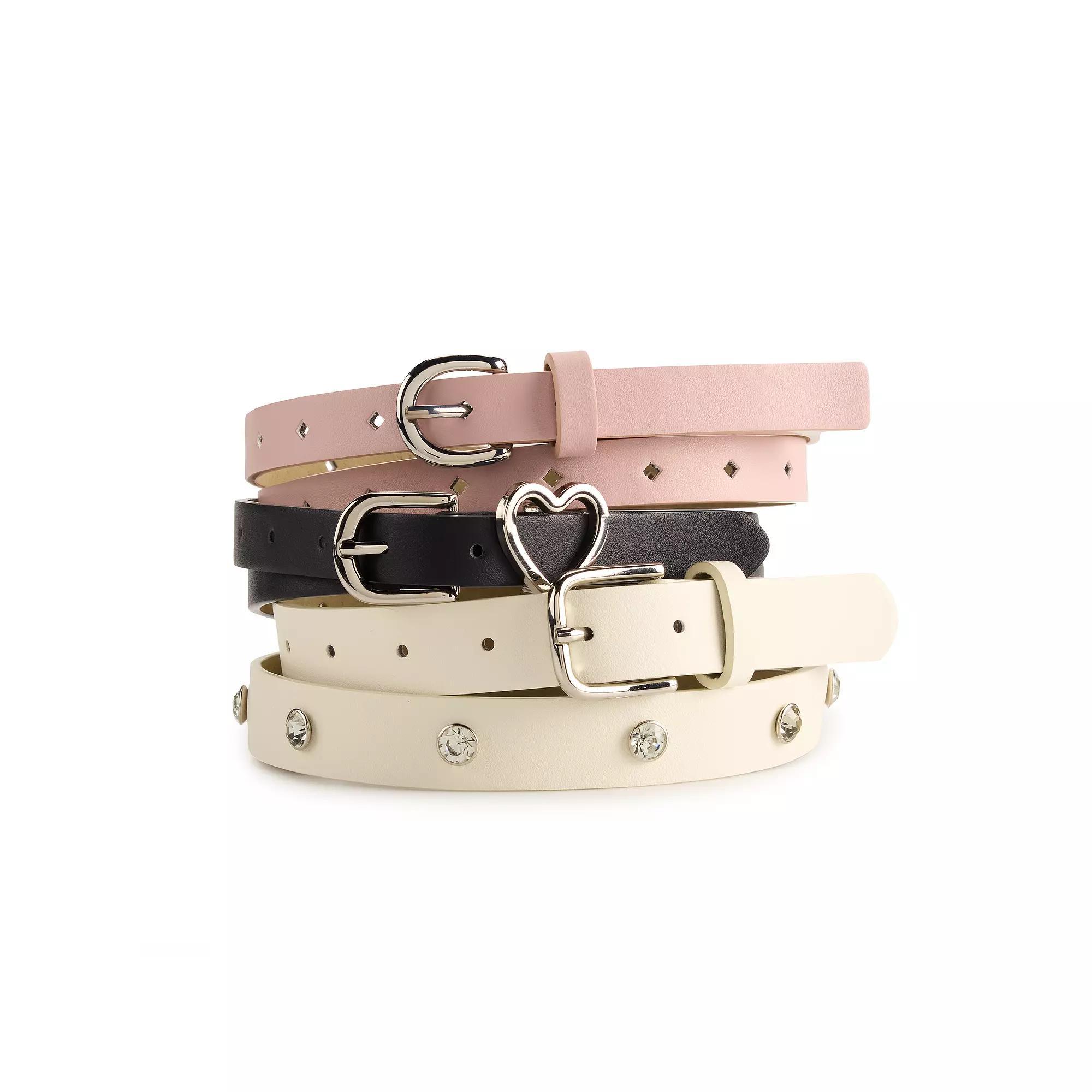 Women's madden girl 3 For 1 Heart Keeper, Rhinestone Stud, and Diamond Perforated Belts, Size: Small, Black White Blush Product Image