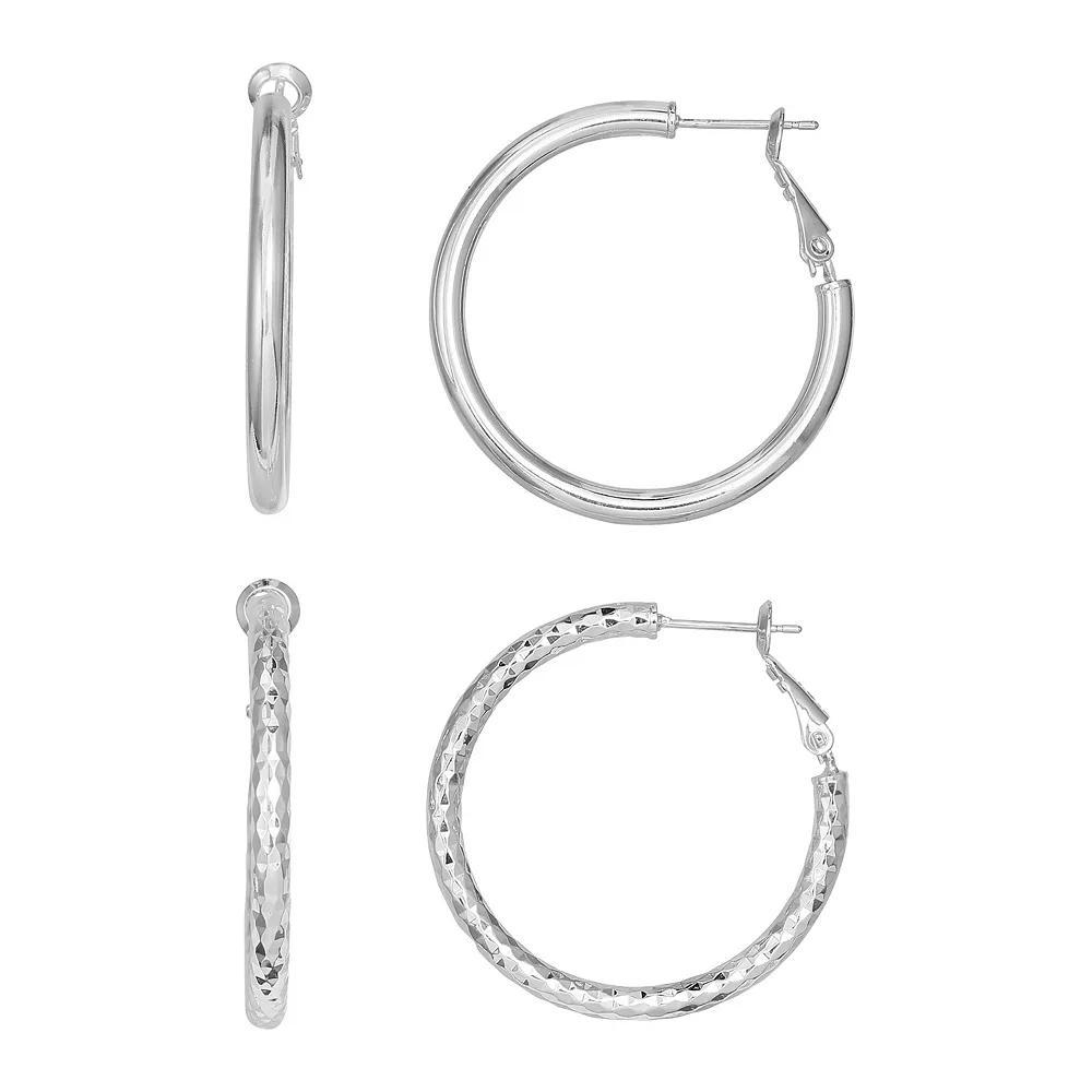 Aurielle 2-Pair Silver Plated 40 mm Textured & Polished Hoop Earring Set, Women's, Silver Tone Product Image