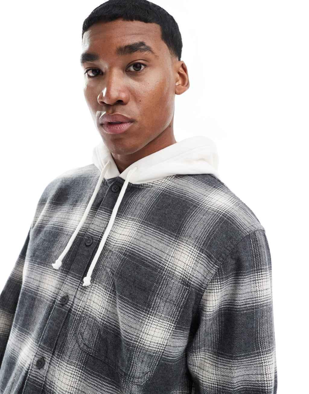 Hollister long sleeve hooded flannel shirt in gray plaid print Product Image
