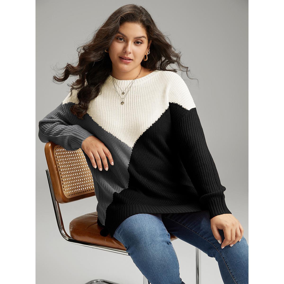 Plus Size Colorblock Split Side Drop Shoulder Pullover Black Women Casual Loose Long Sleeve Round Neck Dailywear Pullovers BloomChic 12/L Product Image