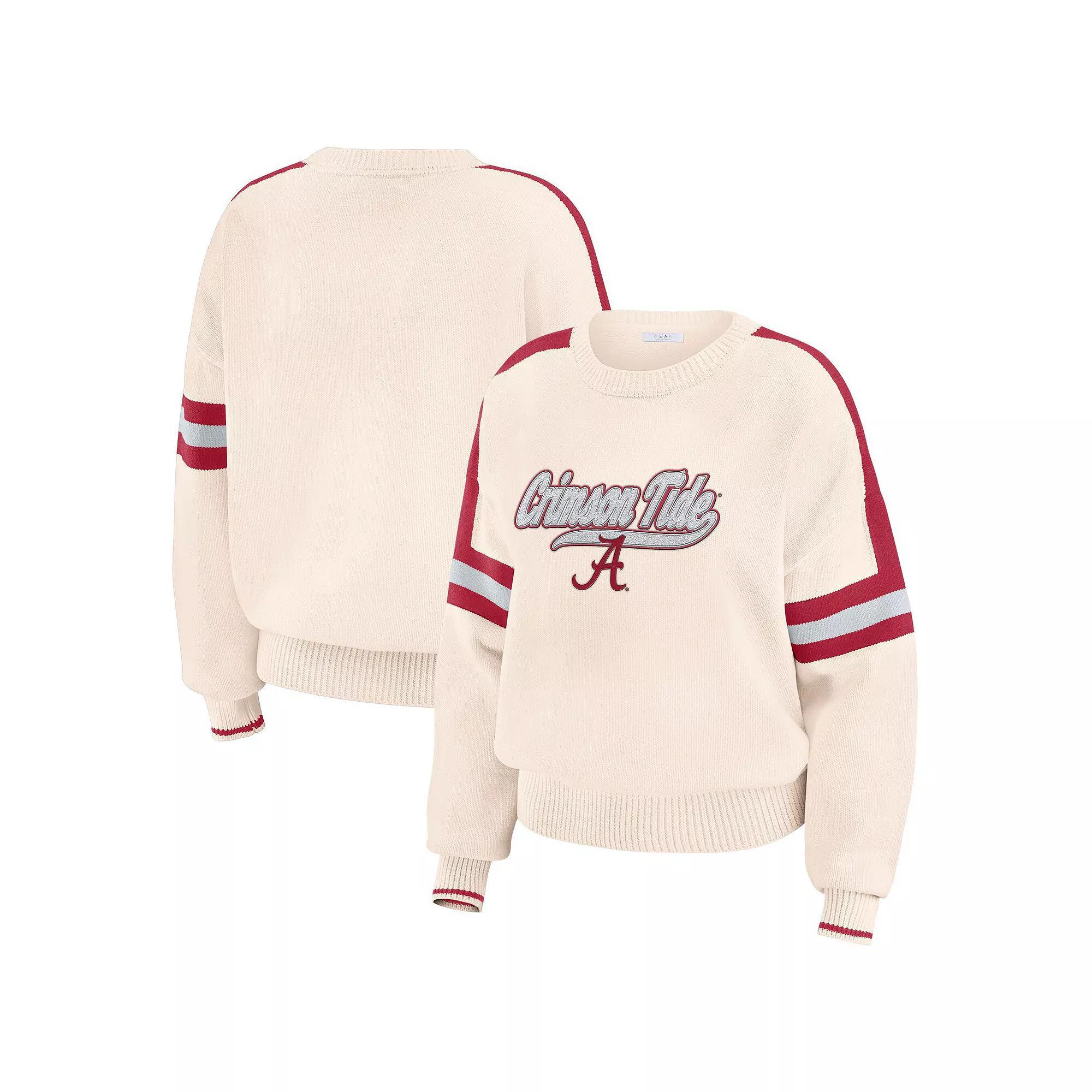 Women's WEAR by Erin Andrews  Cream Alabama Crimson Tide Chenille Woven Patch Stripe Pullover Sweater, Size: XL, Beige Product Image