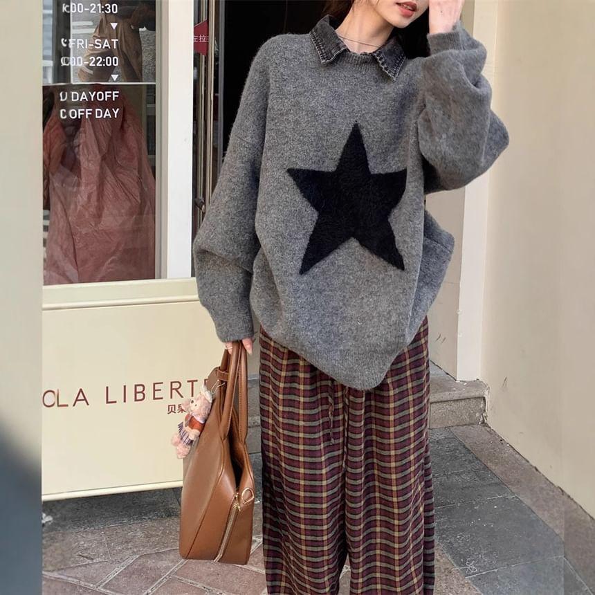 Mock Two-Piece Denim Collar Star Jacquard Sweater Product Image