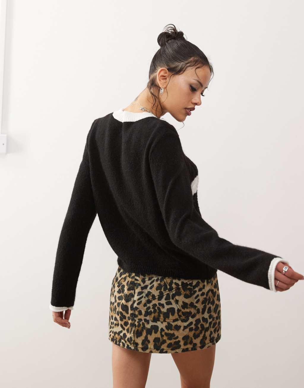 ASOS DESIGN oversized crew neck sweater with retro stripe in black Product Image