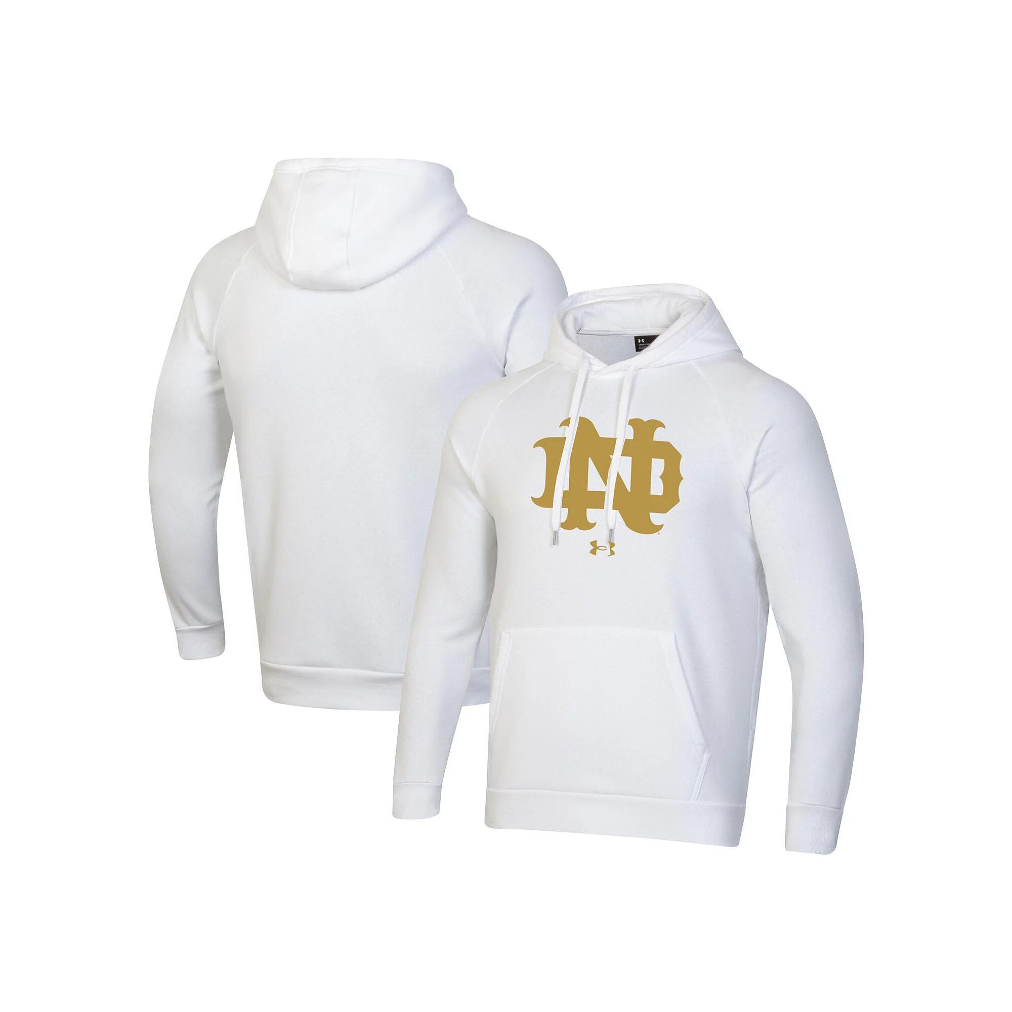 Men's Under Armour White Notre Dame Fighting Irish Throwback Interlocking ND Gold Rush Rival Raglan Pullover Hoodie, Size: XL Product Image