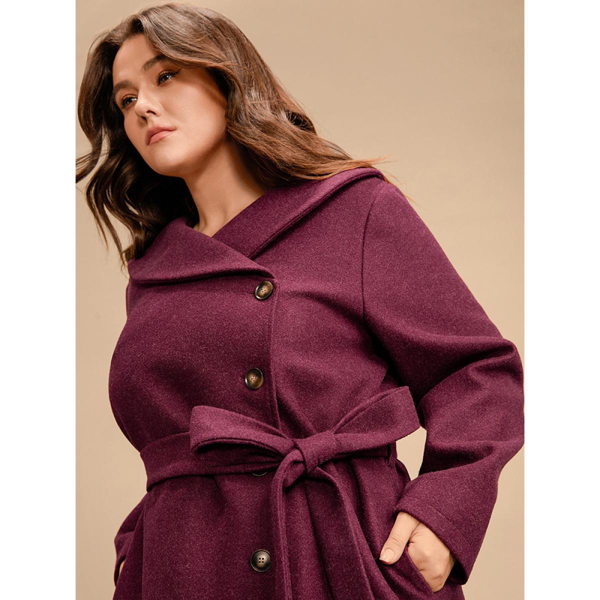 Plus Size Solid Foldover Collar Pocket Asymmetrical Hem Belted Coat Women Burgundy Elegant Cross straps Ladies Dailywear Winter Coats BloomChic 12/L Product Image