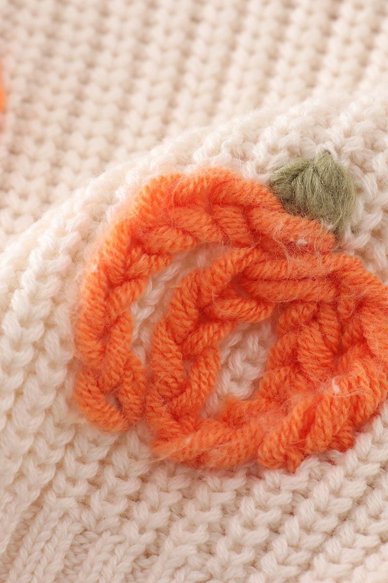 Beige hand-embroidery pumpkin pullover sweater Product Image