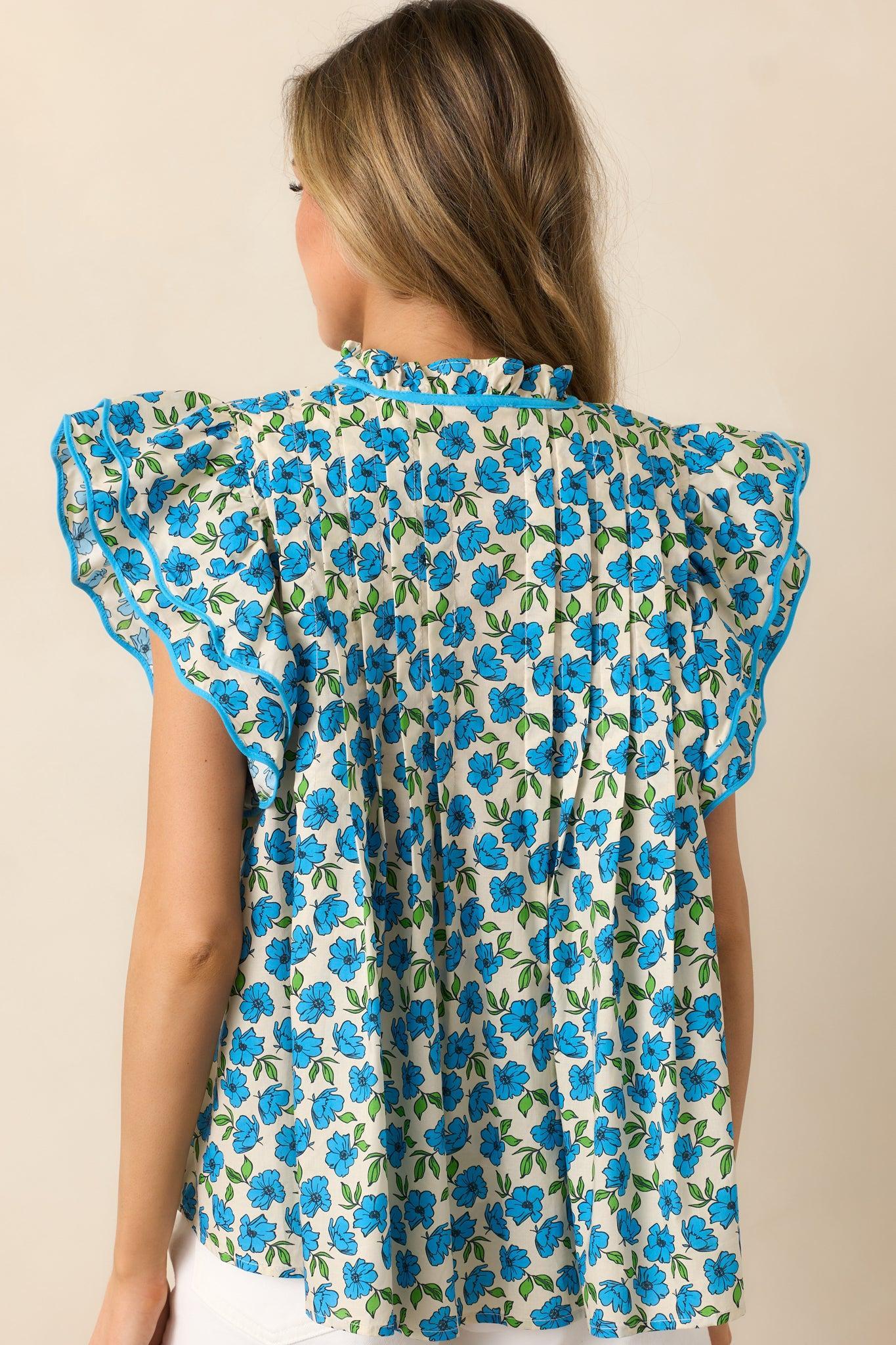 Window Shopping Blue Floral Cotton Flutter Sleeve Top Product Image