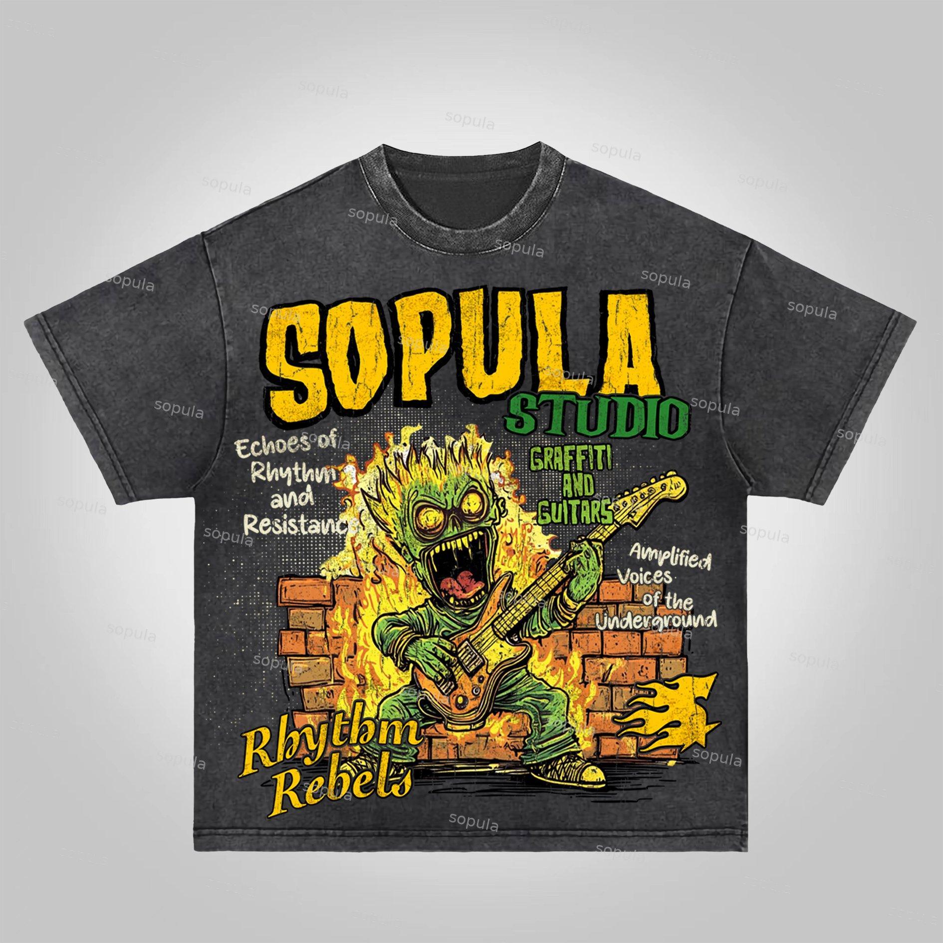 Sopula Street Graffiti Flame Guitar Graphic Acid Wash T-shirt Product Image