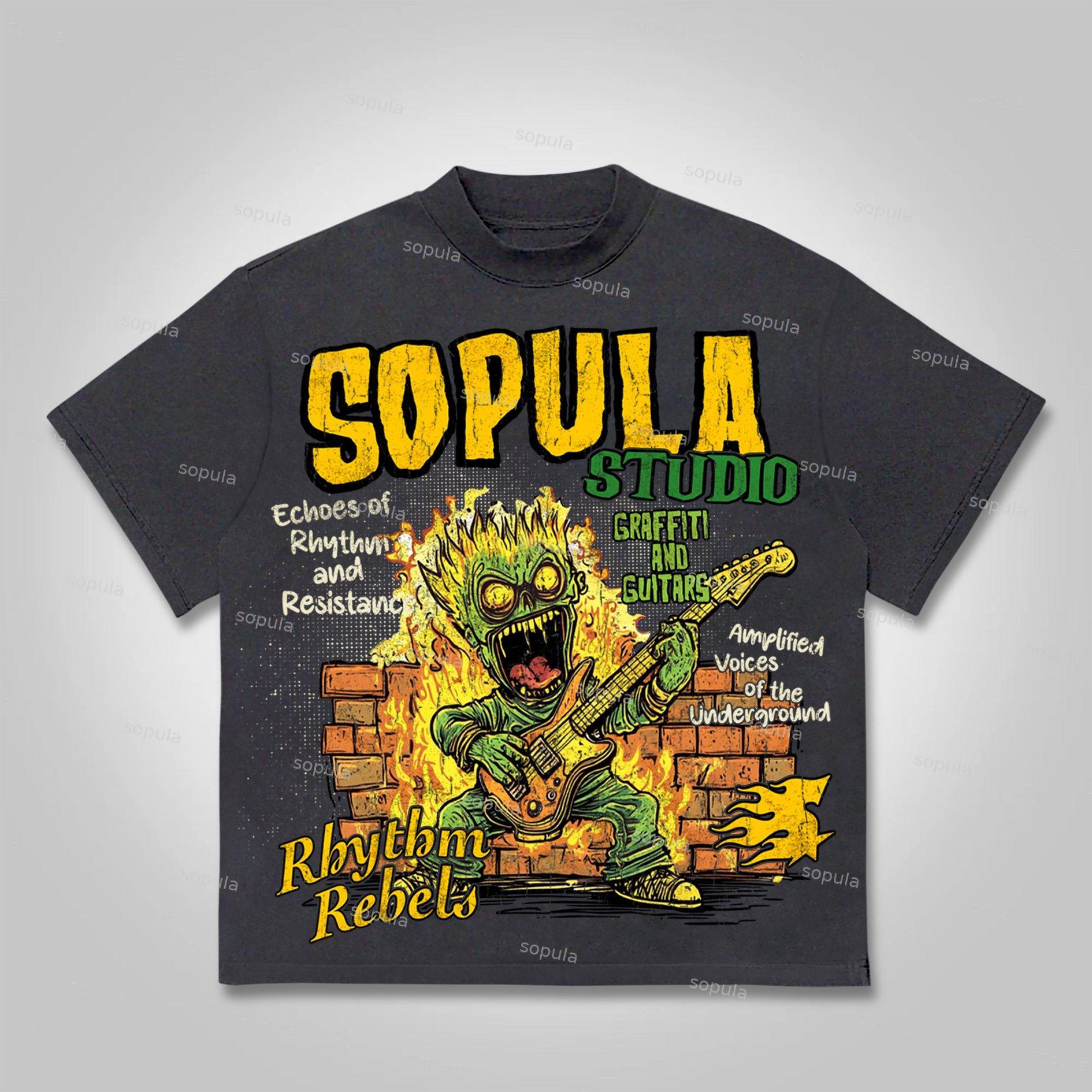 Sopula Street Graffiti Flame Guitar Graphic Cotton T-shirt Product Image
