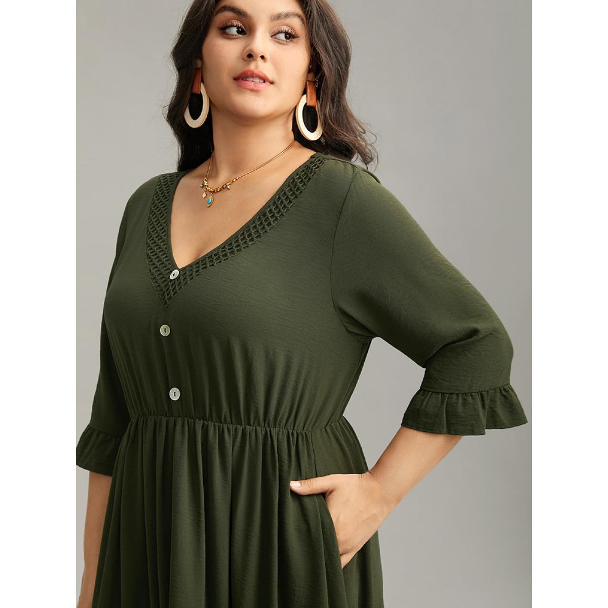 Plus Size Plain Ruffles Patchwork Button Detail Cut Out Dress ArmyGreen Women Vacation Plain V-neck Elbow-length sleeve Curvy Midi Dress BloomChic 14-16/1X Product Image